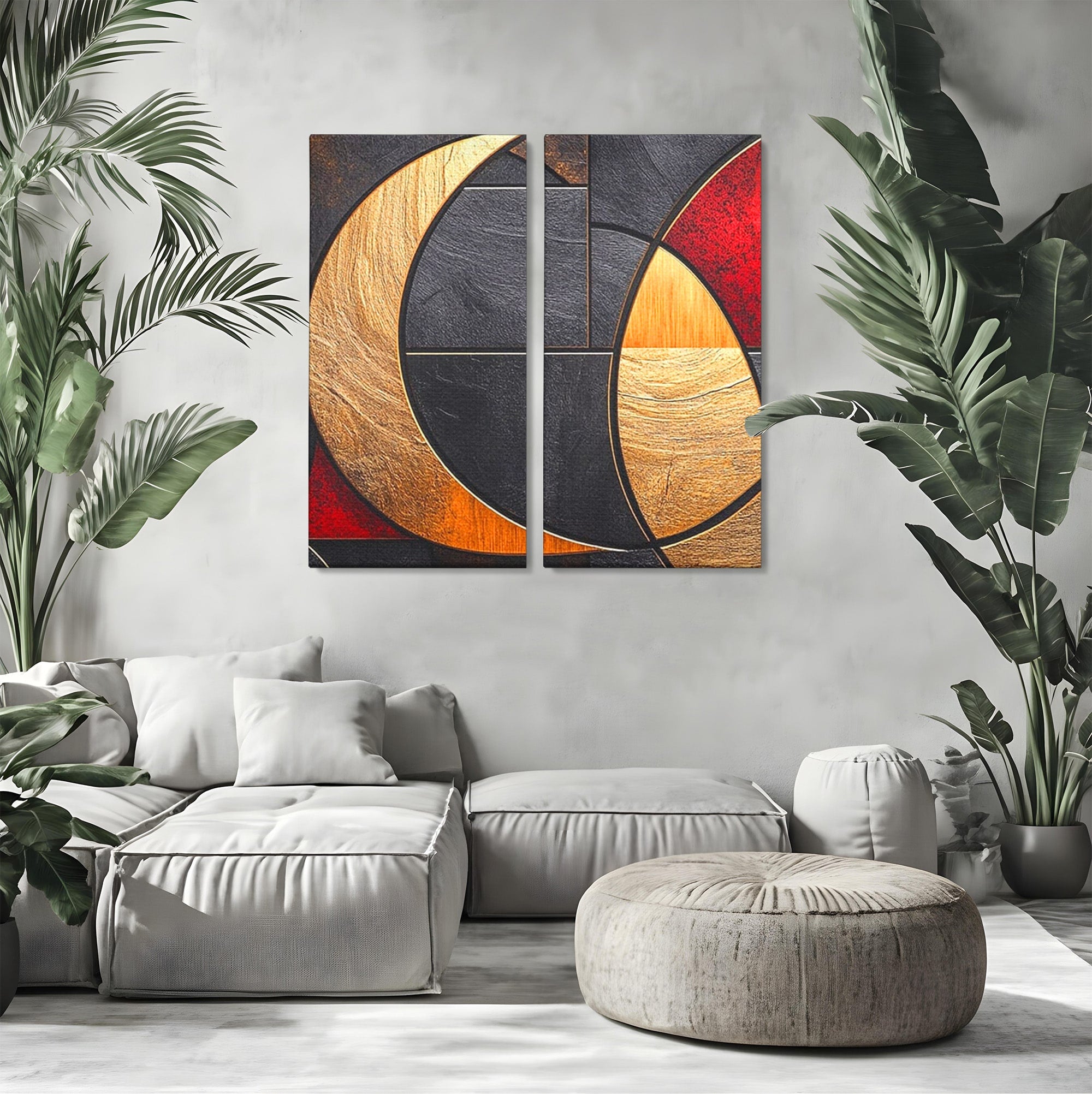 Set 2 Tablouri Canvas Premium LuxCanva® C2-1307, Aurul Noptii, Geometrie, Culori, Abstract, Auriu, Cerc, Arc, Linii, Rosu, Asimetrie, Colectie, Galerie, Expresiv, Premium, Visare, Birou, Living, Dormitor
