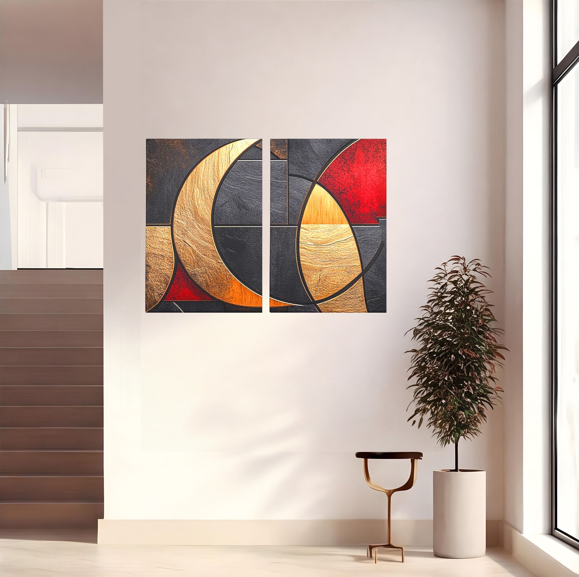 Set 2 Tablouri Canvas Premium LuxCanva® C2-1307, Aurul Noptii, Geometrie, Culori, Abstract, Auriu, Cerc, Arc, Linii, Rosu, Asimetrie, Colectie, Galerie, Expresiv, Premium, Visare, Birou, Living, Dormitor