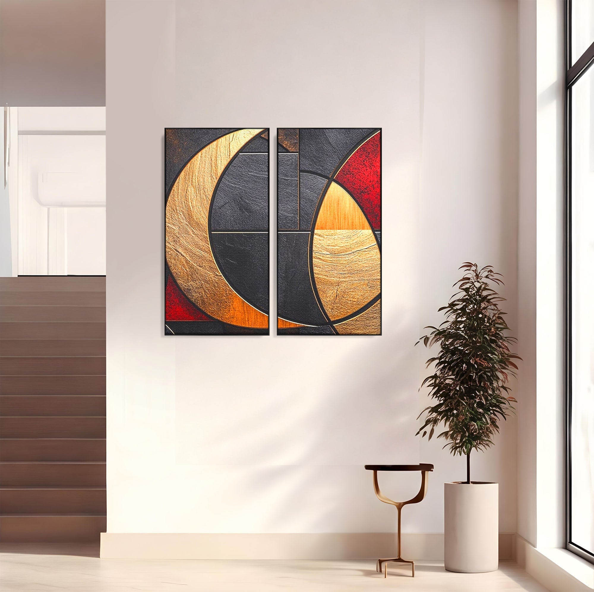 Set 2 Tablouri Canvas Premium LuxCanva® C2-1307, Aurul Noptii, Geometrie, Culori, Abstract, Auriu, Cerc, Arc, Linii, Rosu, Asimetrie, Colectie, Galerie, Expresiv, Premium, Visare, Birou, Living, Dormitor