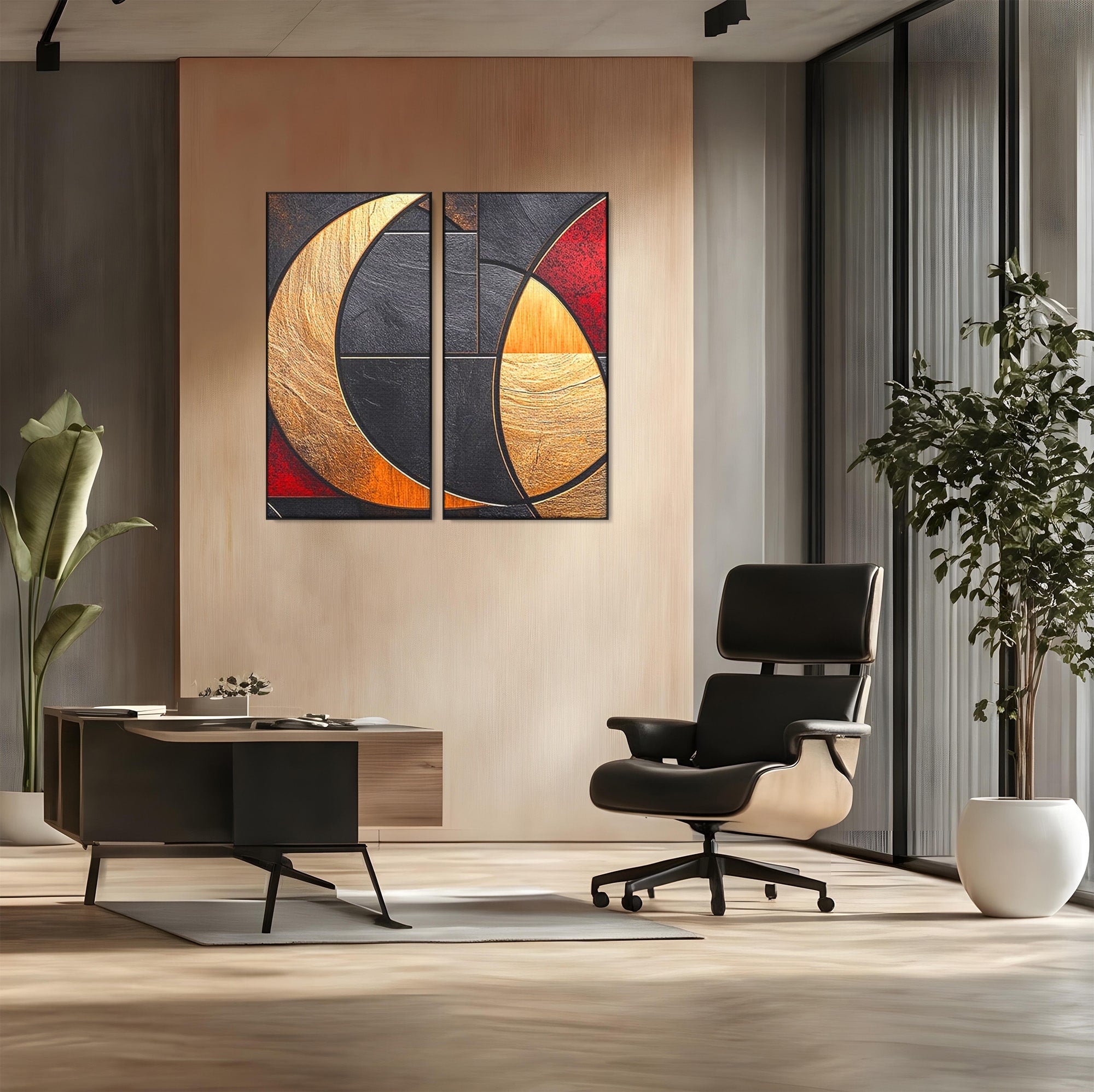 Set 2 Tablouri Canvas Premium LuxCanva® C2-1307, Aurul Noptii, Geometrie, Culori, Abstract, Auriu, Cerc, Arc, Linii, Rosu, Asimetrie, Colectie, Galerie, Expresiv, Premium, Visare, Birou, Living, Dormitor