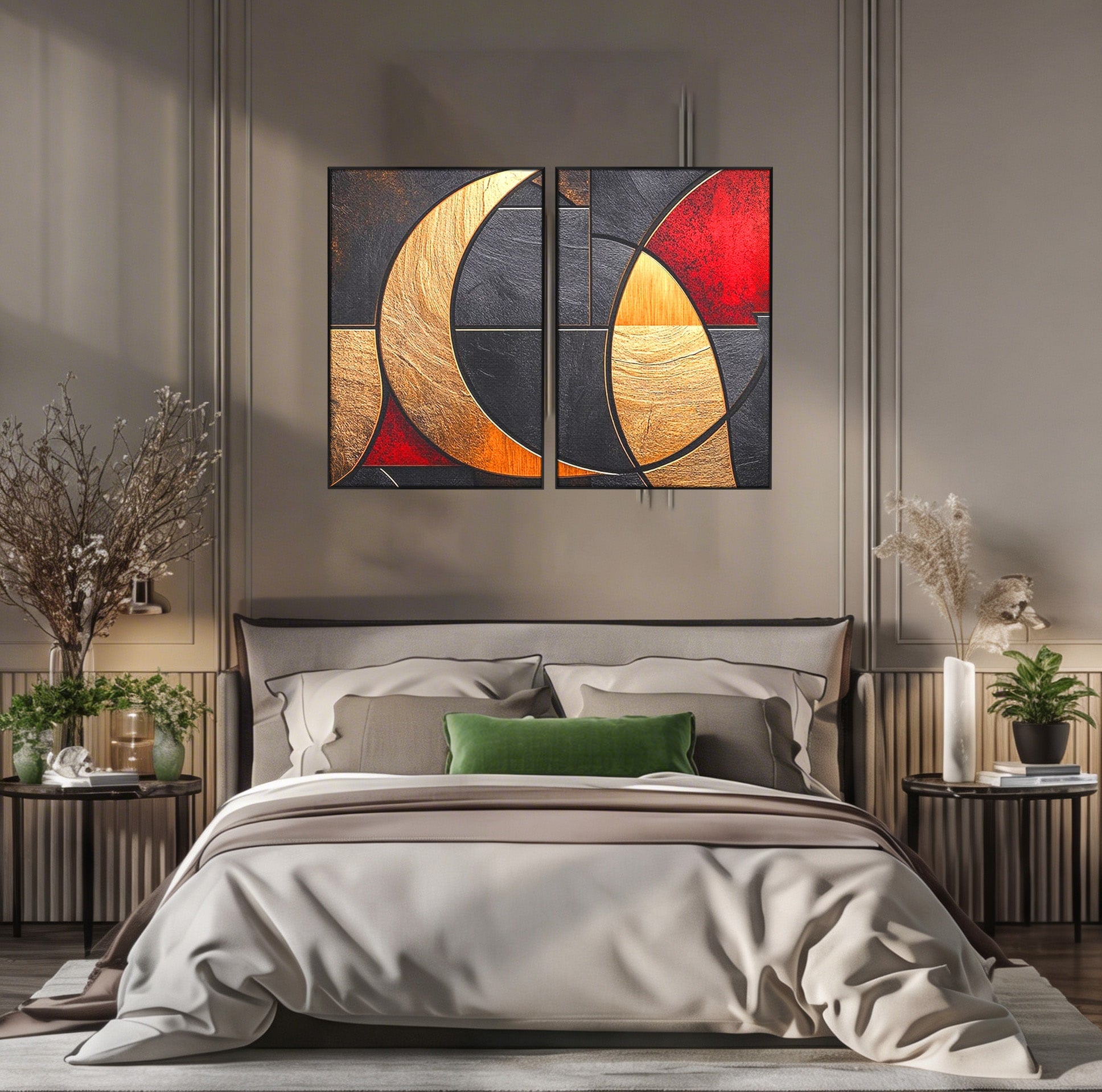 Set 2 Tablouri Canvas Premium LuxCanva® C2-1307, Aurul Noptii, Geometrie, Culori, Abstract, Auriu, Cerc, Arc, Linii, Rosu, Asimetrie, Colectie, Galerie, Expresiv, Premium, Visare, Birou, Living, Dormitor