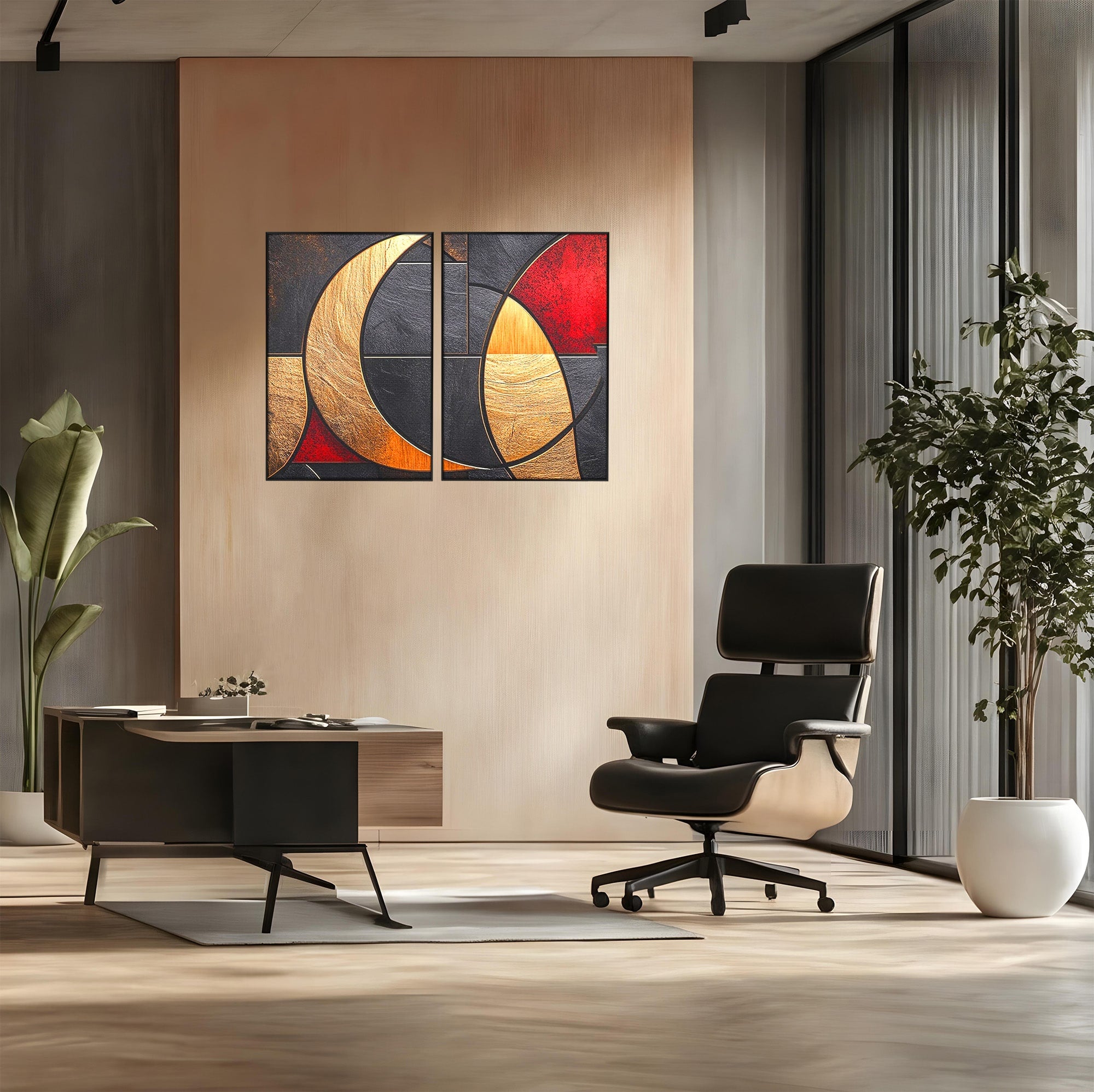 Set 2 Tablouri Canvas Premium LuxCanva® C2-1307, Aurul Noptii, Geometrie, Culori, Abstract, Auriu, Cerc, Arc, Linii, Rosu, Asimetrie, Colectie, Galerie, Expresiv, Premium, Visare, Birou, Living, Dormitor