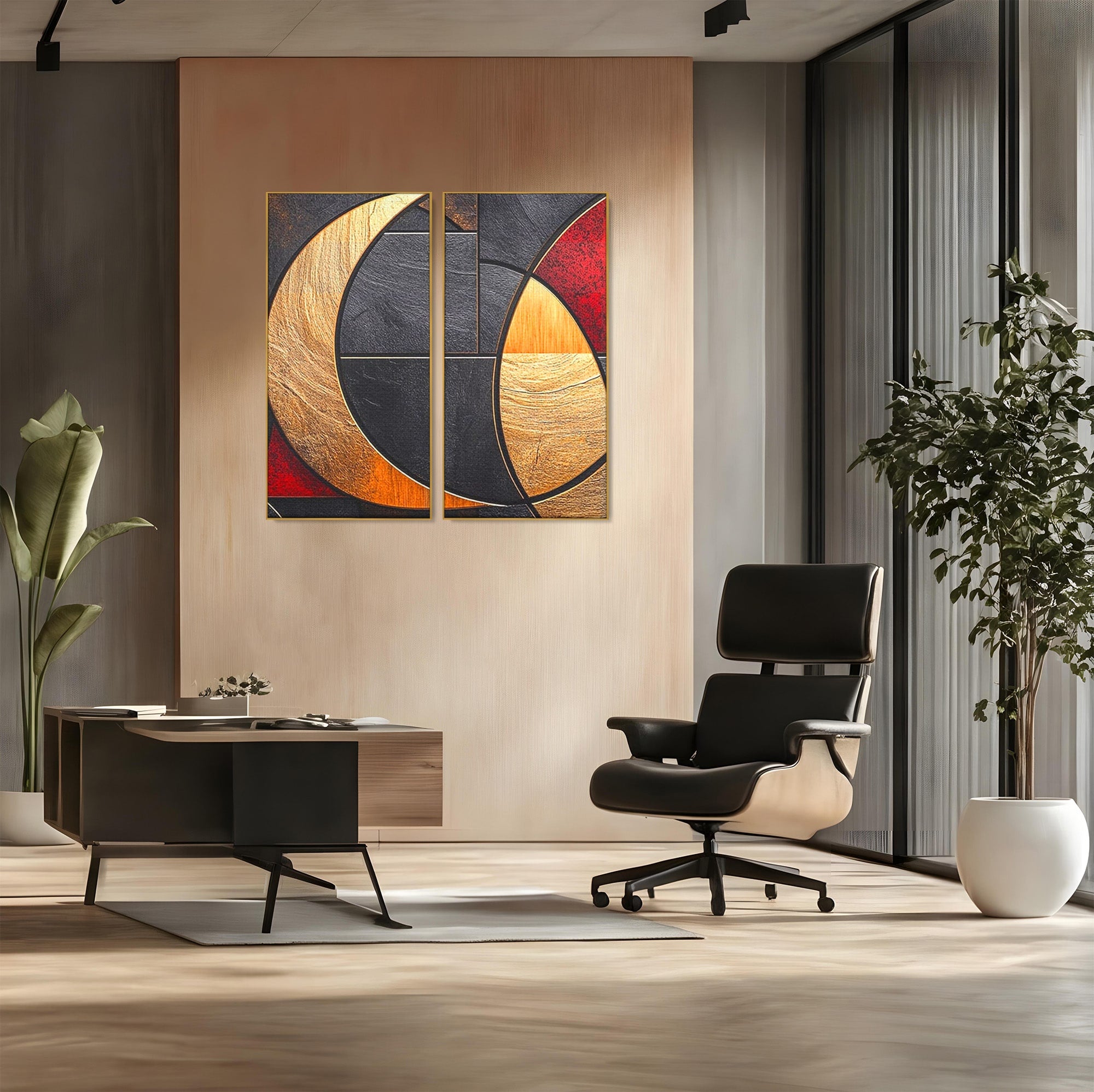 Set 2 Tablouri Canvas Premium LuxCanva® C2-1307, Aurul Noptii, Geometrie, Culori, Abstract, Auriu, Cerc, Arc, Linii, Rosu, Asimetrie, Colectie, Galerie, Expresiv, Premium, Visare, Birou, Living, Dormitor