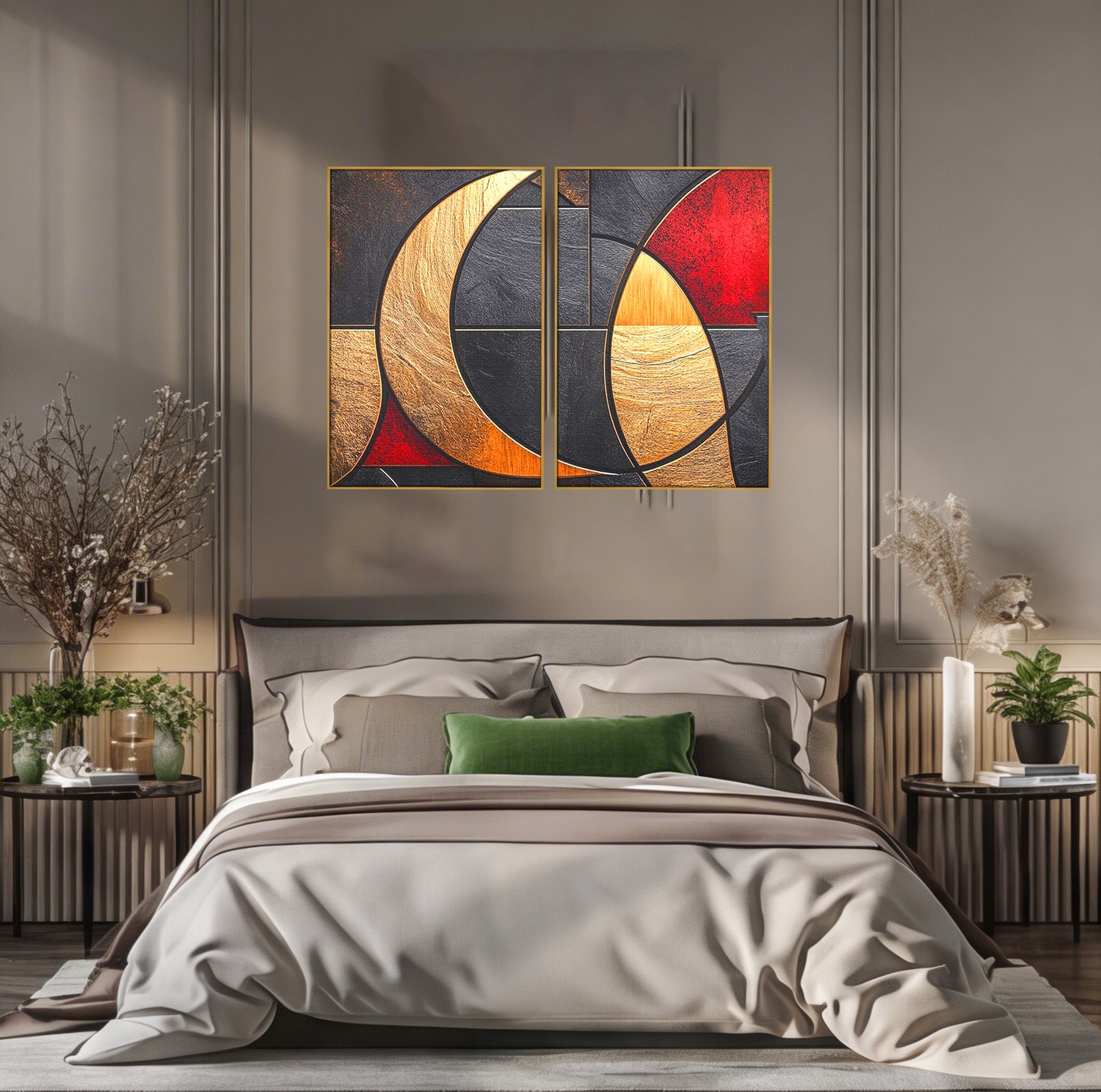 Set 2 Tablouri Canvas Premium LuxCanva® C2-1307, Aurul Noptii, Geometrie, Culori, Abstract, Auriu, Cerc, Arc, Linii, Rosu, Asimetrie, Colectie, Galerie, Expresiv, Premium, Visare, Birou, Living, Dormitor