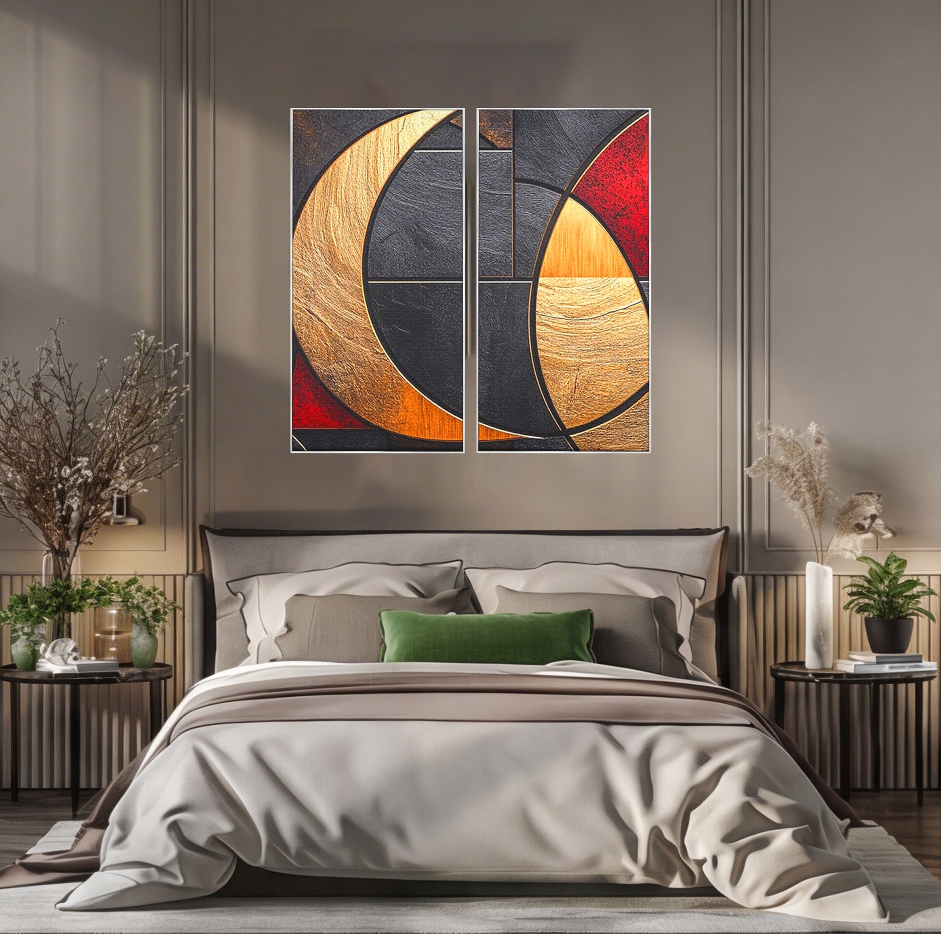Set 2 Tablouri Canvas Premium LuxCanva® C2-1307, Aurul Noptii, Geometrie, Culori, Abstract, Auriu, Cerc, Arc, Linii, Rosu, Asimetrie, Colectie, Galerie, Expresiv, Premium, Visare, Birou, Living, Dormitor