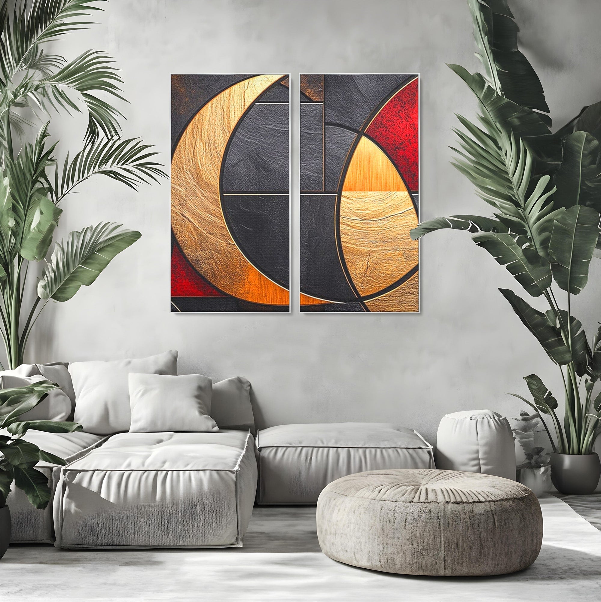 Set 2 Tablouri Canvas Premium LuxCanva® C2-1307, Aurul Noptii, Geometrie, Culori, Abstract, Auriu, Cerc, Arc, Linii, Rosu, Asimetrie, Colectie, Galerie, Expresiv, Premium, Visare, Birou, Living, Dormitor