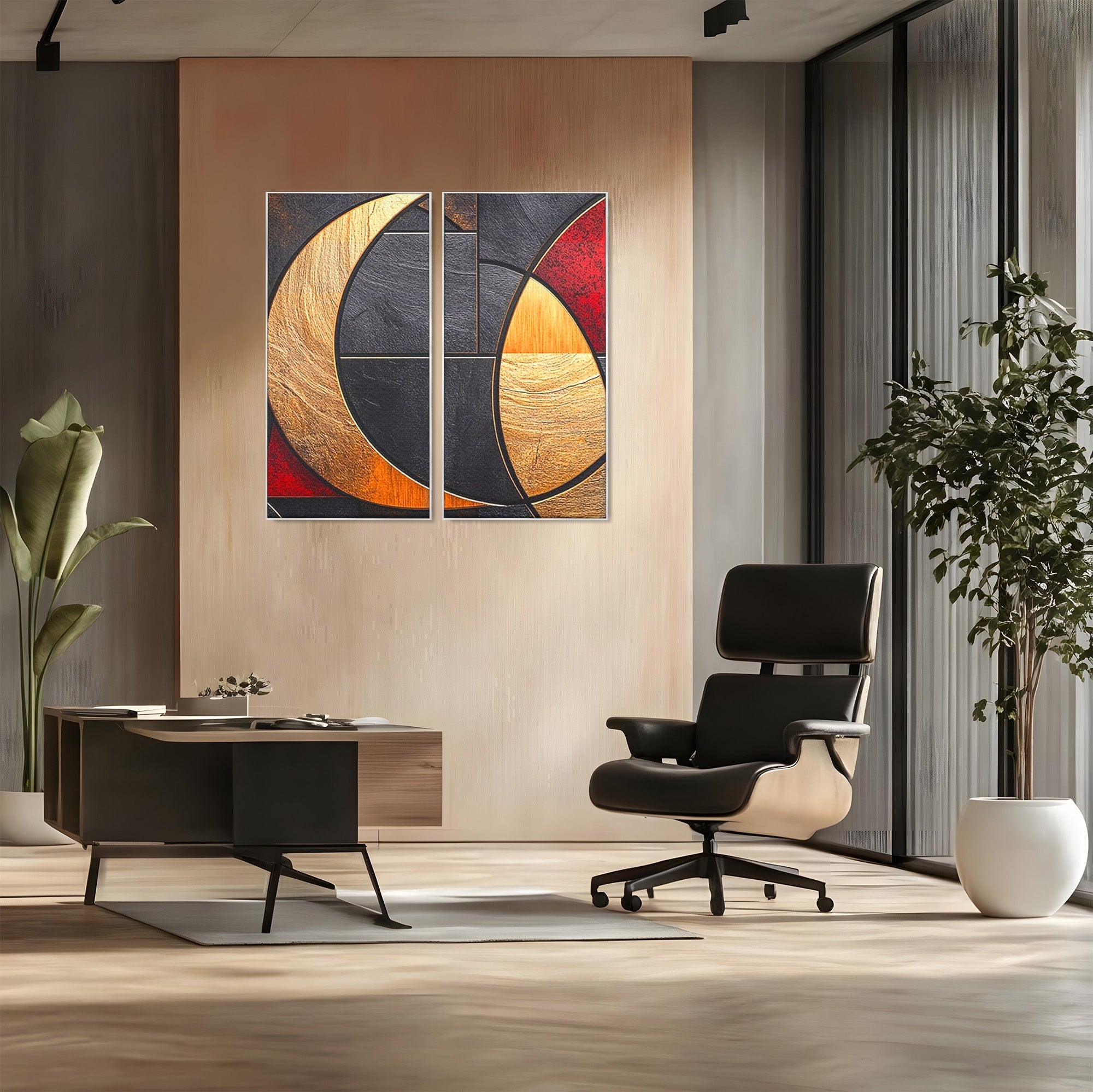 Set 2 Tablouri Canvas Premium LuxCanva® C2-1307, Aurul Noptii, Geometrie, Culori, Abstract, Auriu, Cerc, Arc, Linii, Rosu, Asimetrie, Colectie, Galerie, Expresiv, Premium, Visare, Birou, Living, Dormitor