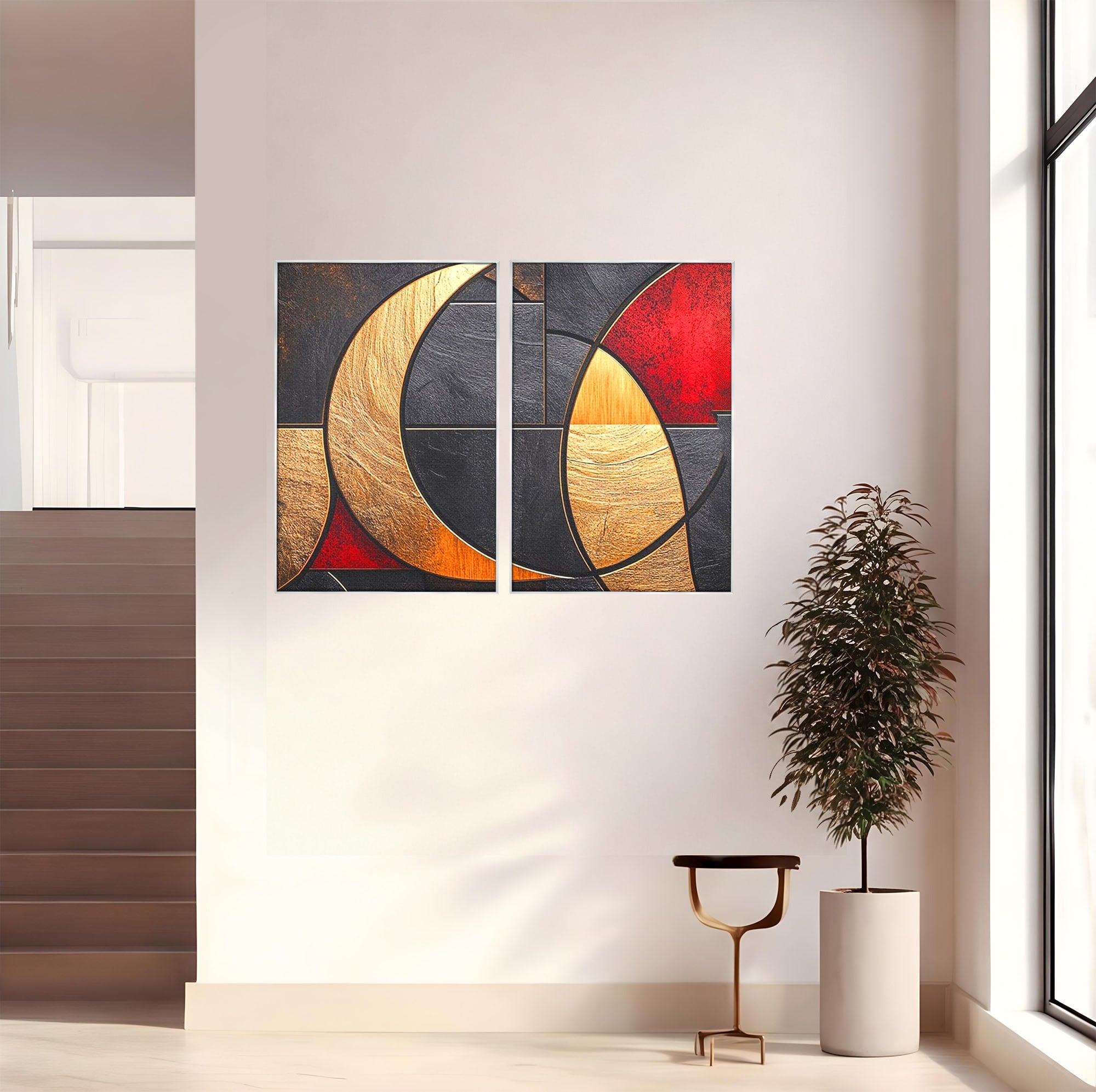 Set 2 Tablouri Canvas Premium LuxCanva® C2-1307, Aurul Noptii, Geometrie, Culori, Abstract, Auriu, Cerc, Arc, Linii, Rosu, Asimetrie, Colectie, Galerie, Expresiv, Premium, Visare, Birou, Living, Dormitor
