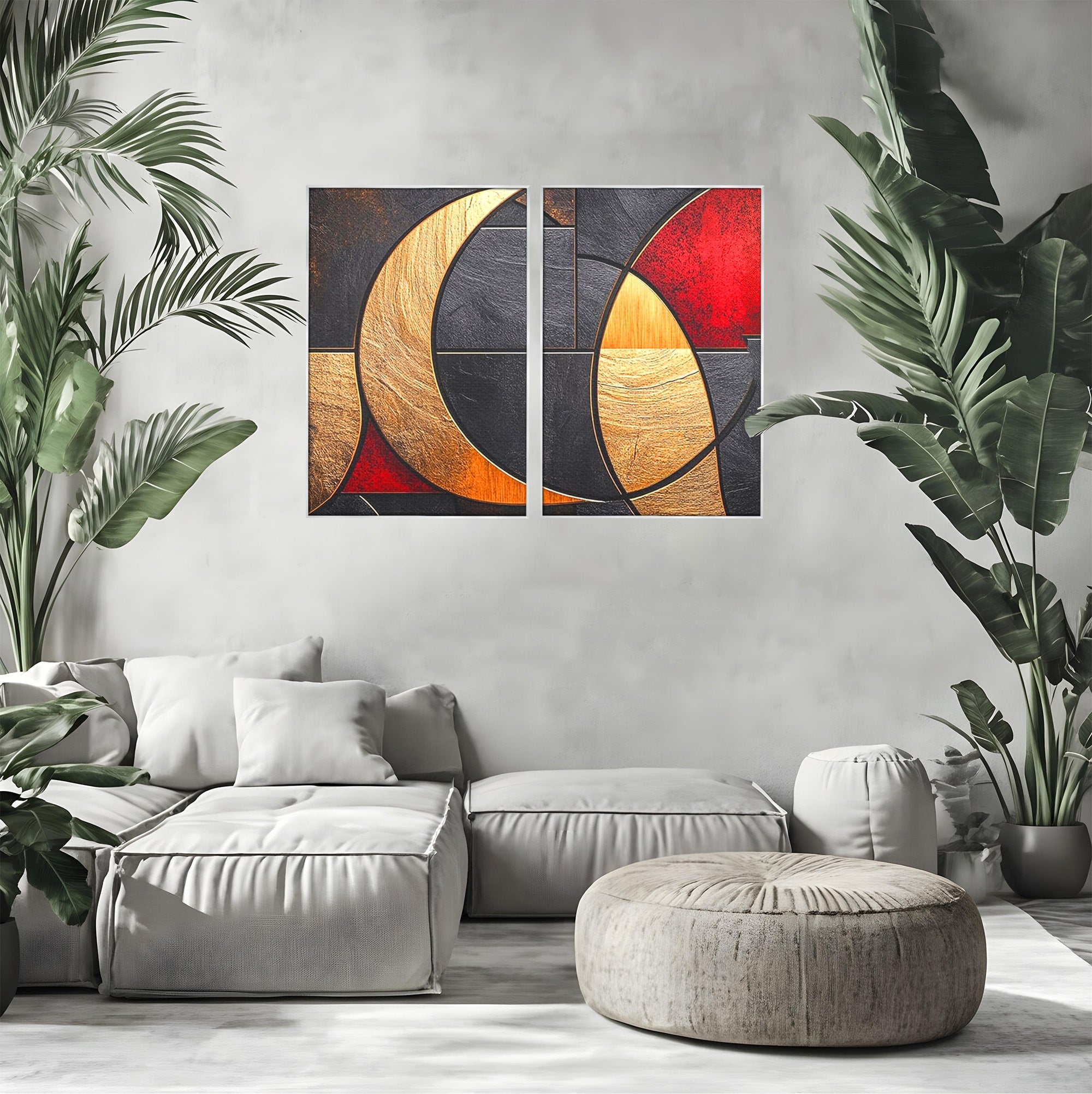 Set 2 Tablouri Canvas Premium LuxCanva® C2-1307, Aurul Noptii, Geometrie, Culori, Abstract, Auriu, Cerc, Arc, Linii, Rosu, Asimetrie, Colectie, Galerie, Expresiv, Premium, Visare, Birou, Living, Dormitor