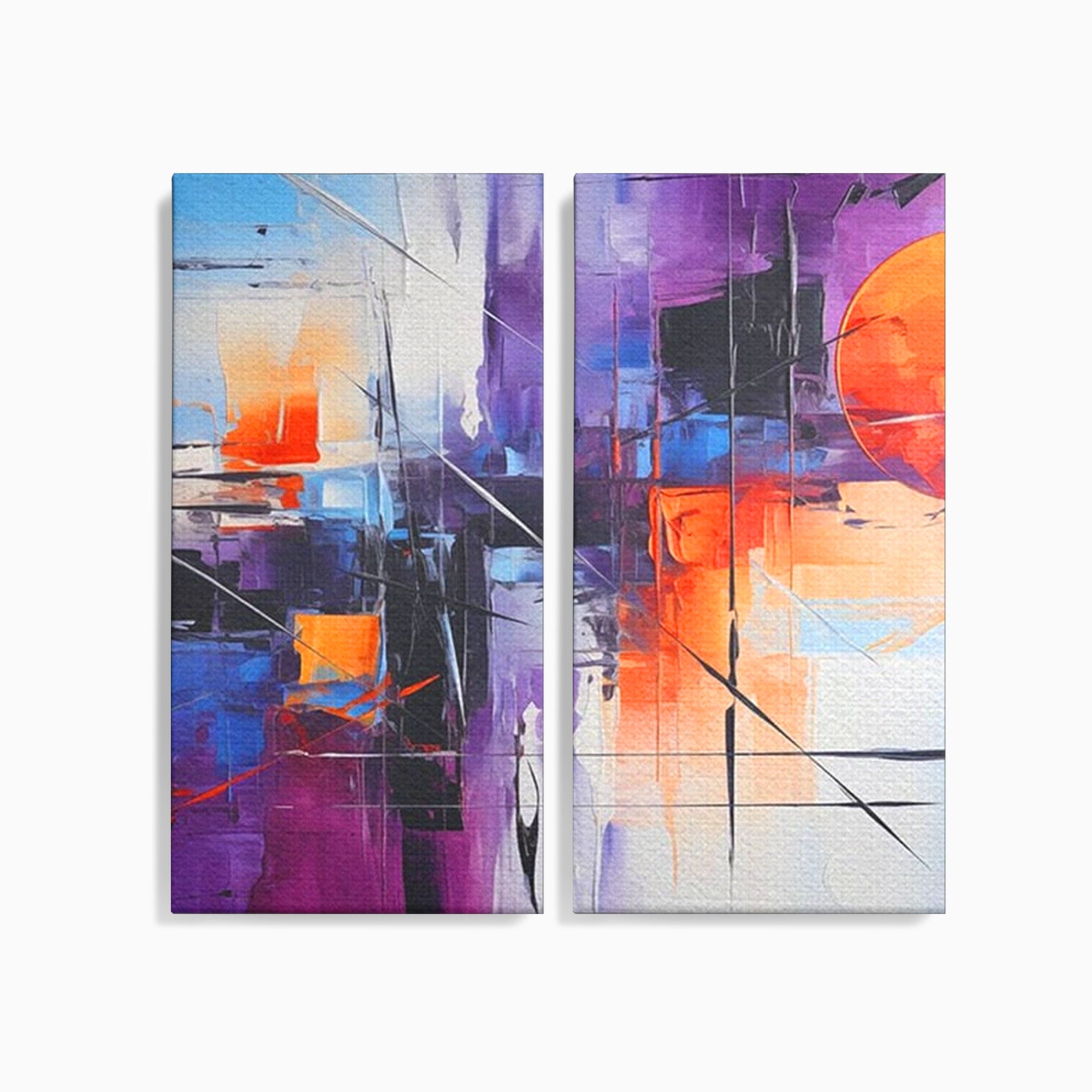 Set 2 Tablouri Canvas Premium LuxCanva® C2-1312, Rasarit Artificial, Culori, Abstract, Dinamism, Modern, Portocaliu, Violet, Albastru, Linii, Traseu, Haos, Futurist, Miscare, Birou, Living, Dormitor
