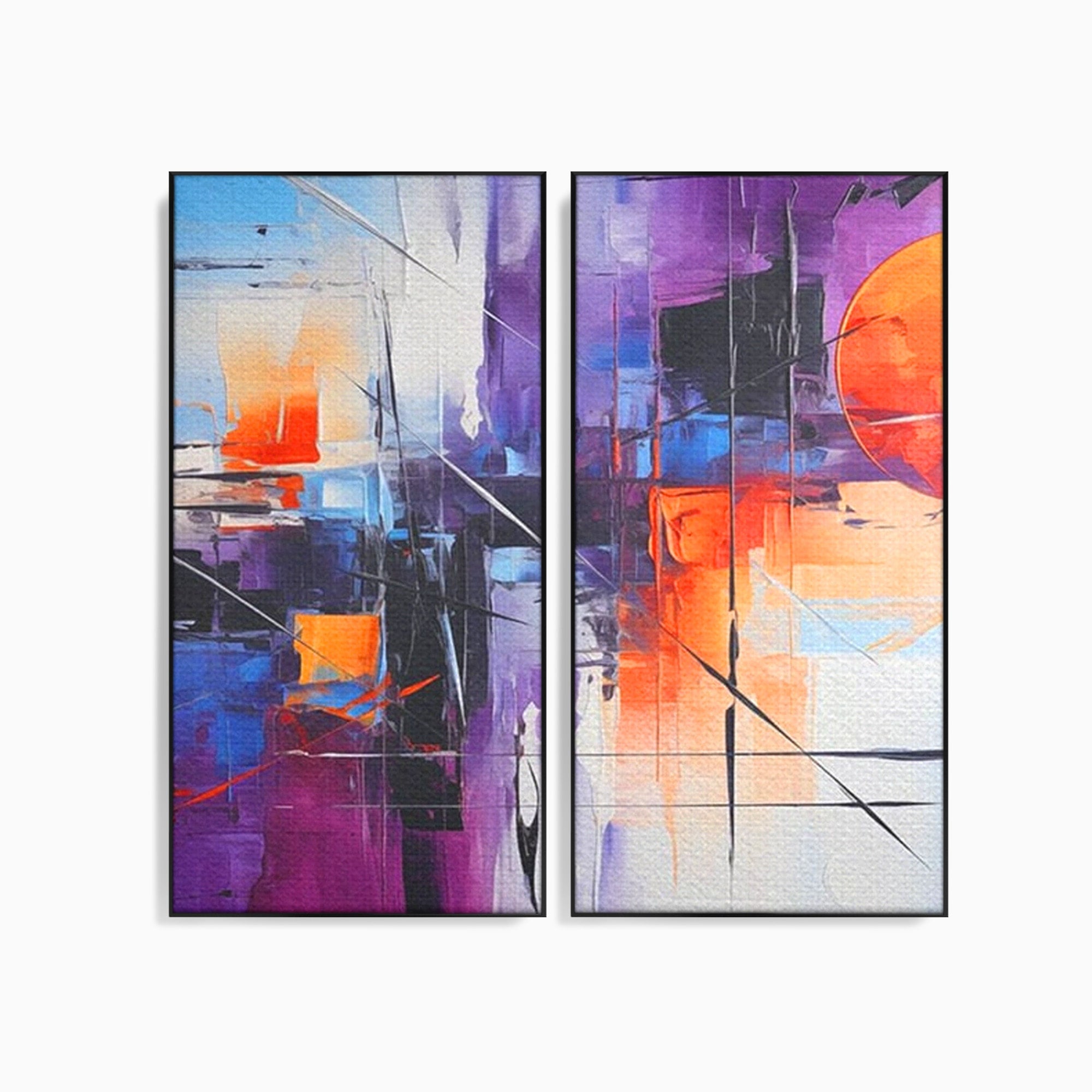 Set 2 Tablouri Canvas Premium LuxCanva® C2-1312, Rasarit Artificial, Culori, Abstract, Dinamism, Modern, Portocaliu, Violet, Albastru, Linii, Traseu, Haos, Futurist, Miscare, Birou, Living, Dormitor