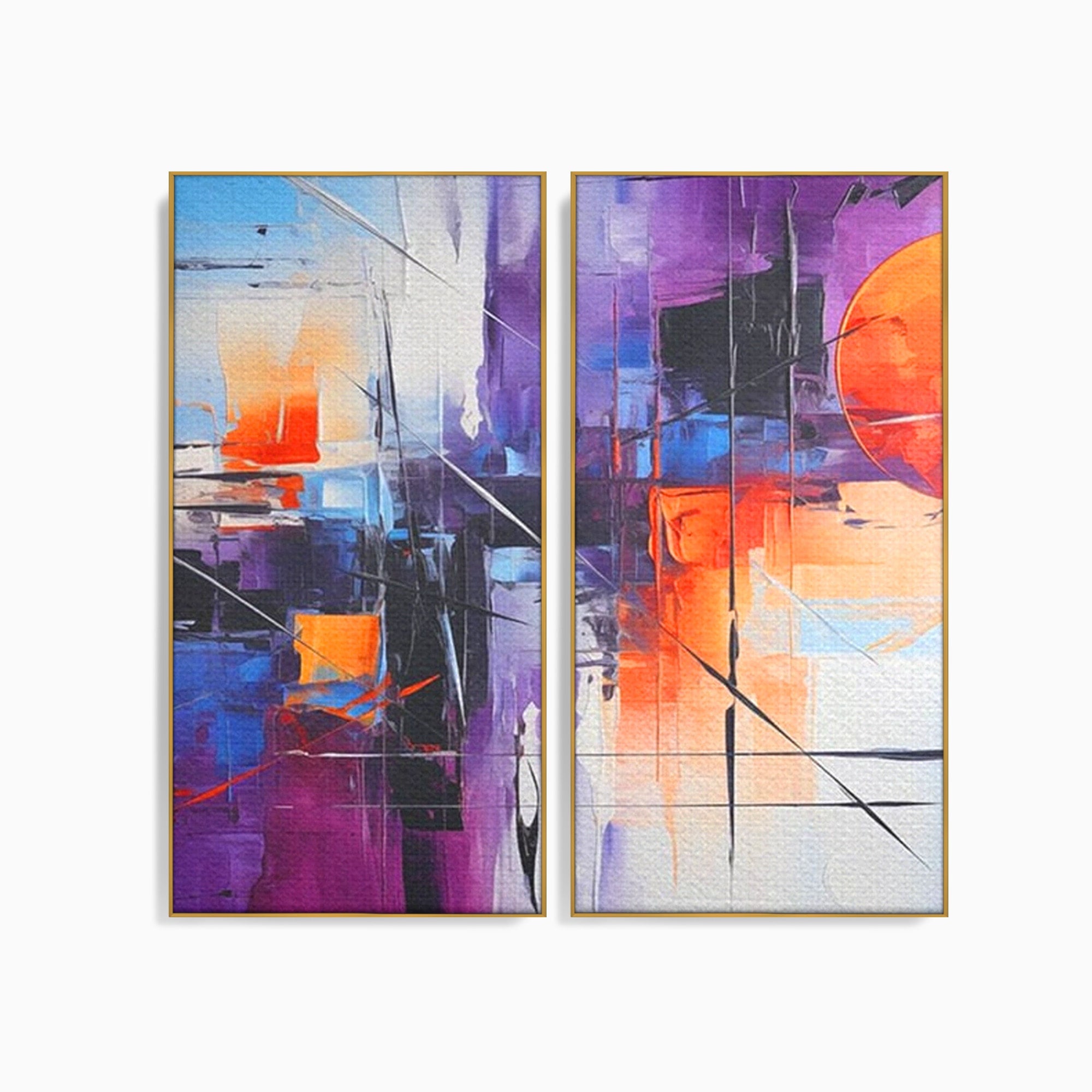 Set 2 Tablouri Canvas Premium LuxCanva® C2-1312, Rasarit Artificial, Culori, Abstract, Dinamism, Modern, Portocaliu, Violet, Albastru, Linii, Traseu, Haos, Futurist, Miscare, Birou, Living, Dormitor