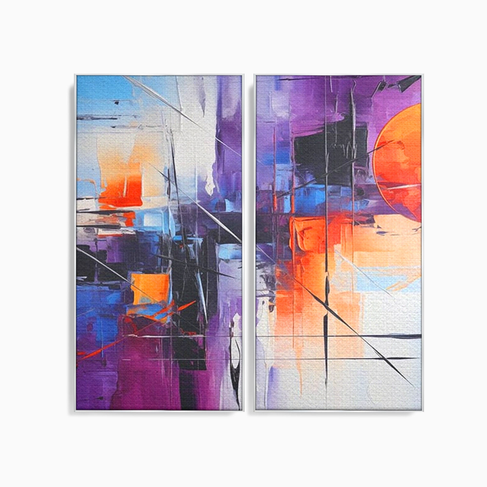 Set 2 Tablouri Canvas Premium LuxCanva® C2-1312, Rasarit Artificial, Culori, Abstract, Dinamism, Modern, Portocaliu, Violet, Albastru, Linii, Traseu, Haos, Futurist, Miscare, Birou, Living, Dormitor
