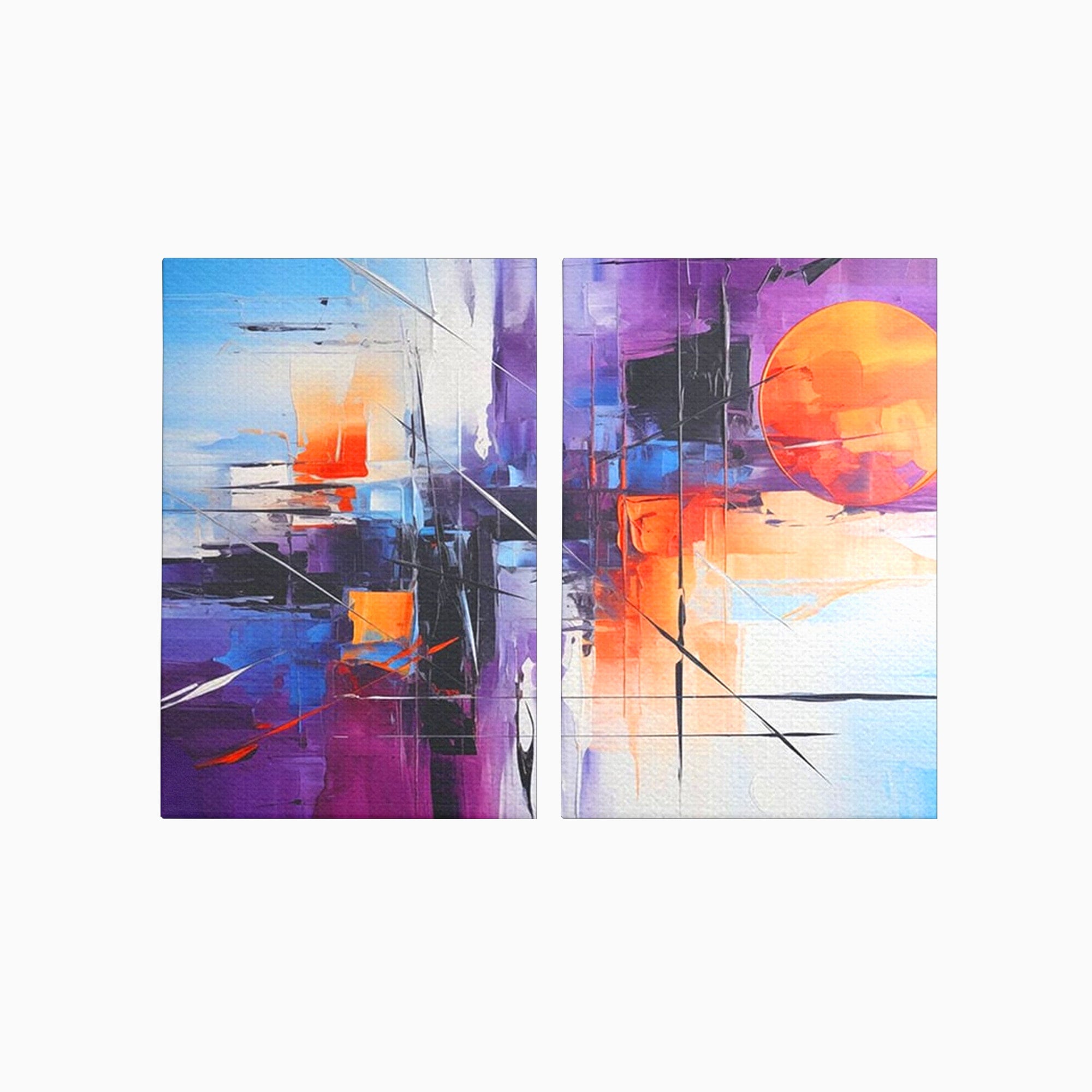 Set 2 Tablouri Canvas Premium LuxCanva® C2-1312, Rasarit Artificial, Culori, Abstract, Dinamism, Modern, Portocaliu, Violet, Albastru, Linii, Traseu, Haos, Futurist, Miscare, Birou, Living, Dormitor