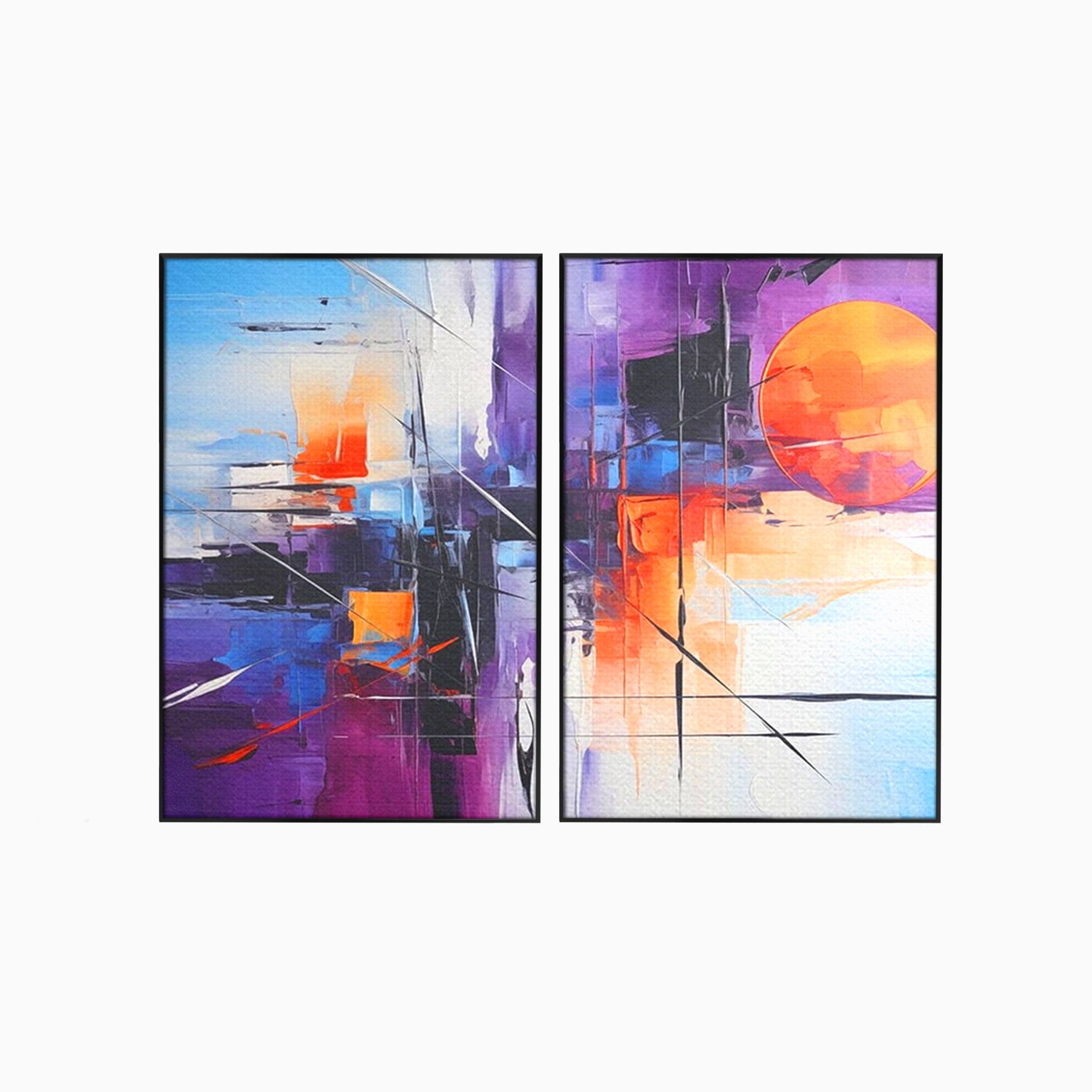 Set 2 Tablouri Canvas Premium LuxCanva® C2-1312, Rasarit Artificial, Culori, Abstract, Dinamism, Modern, Portocaliu, Violet, Albastru, Linii, Traseu, Haos, Futurist, Miscare, Birou, Living, Dormitor
