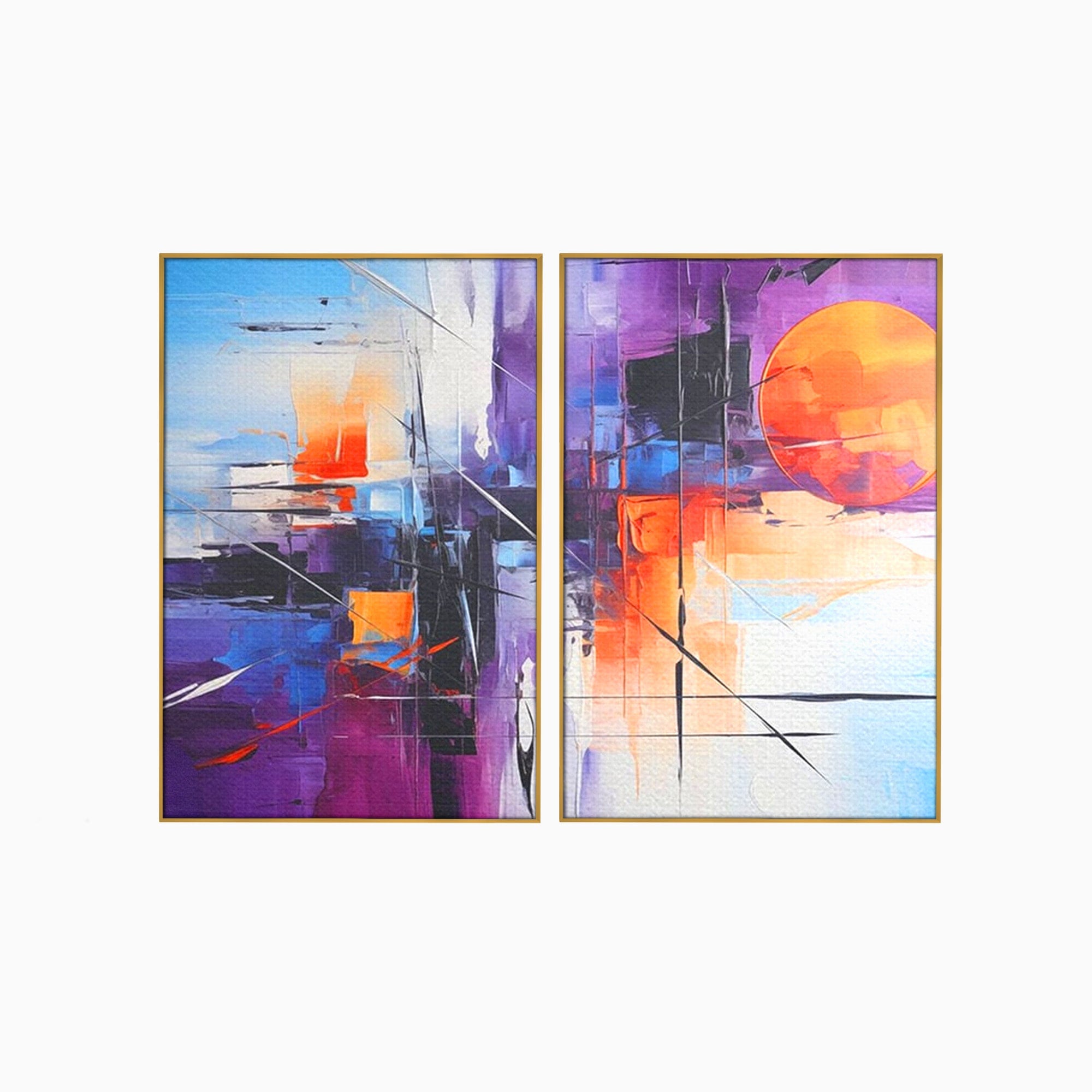 Set 2 Tablouri Canvas Premium LuxCanva® C2-1312, Rasarit Artificial, Culori, Abstract, Dinamism, Modern, Portocaliu, Violet, Albastru, Linii, Traseu, Haos, Futurist, Miscare, Birou, Living, Dormitor