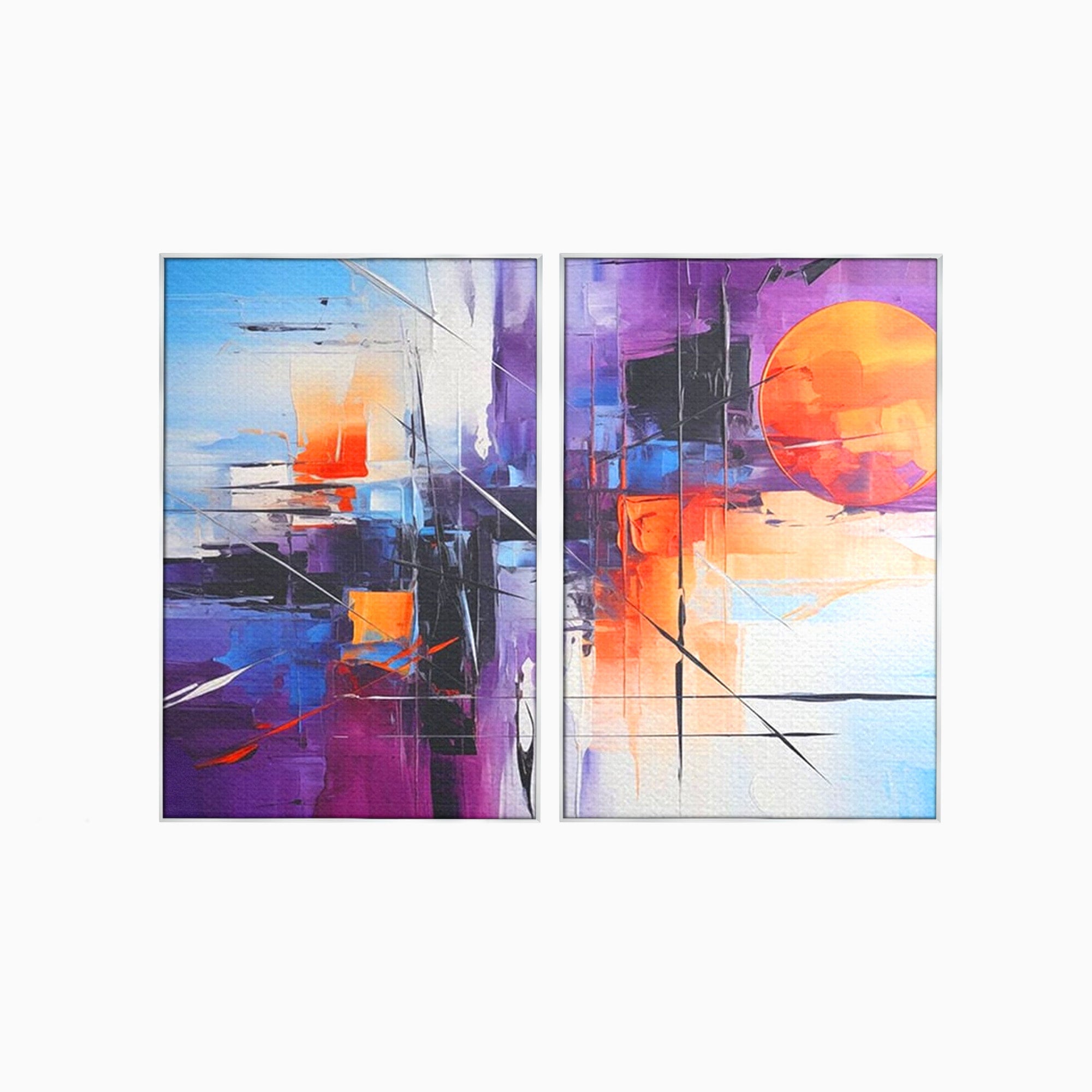 Set 2 Tablouri Canvas Premium LuxCanva® C2-1312, Rasarit Artificial, Culori, Abstract, Dinamism, Modern, Portocaliu, Violet, Albastru, Linii, Traseu, Haos, Futurist, Miscare, Birou, Living, Dormitor