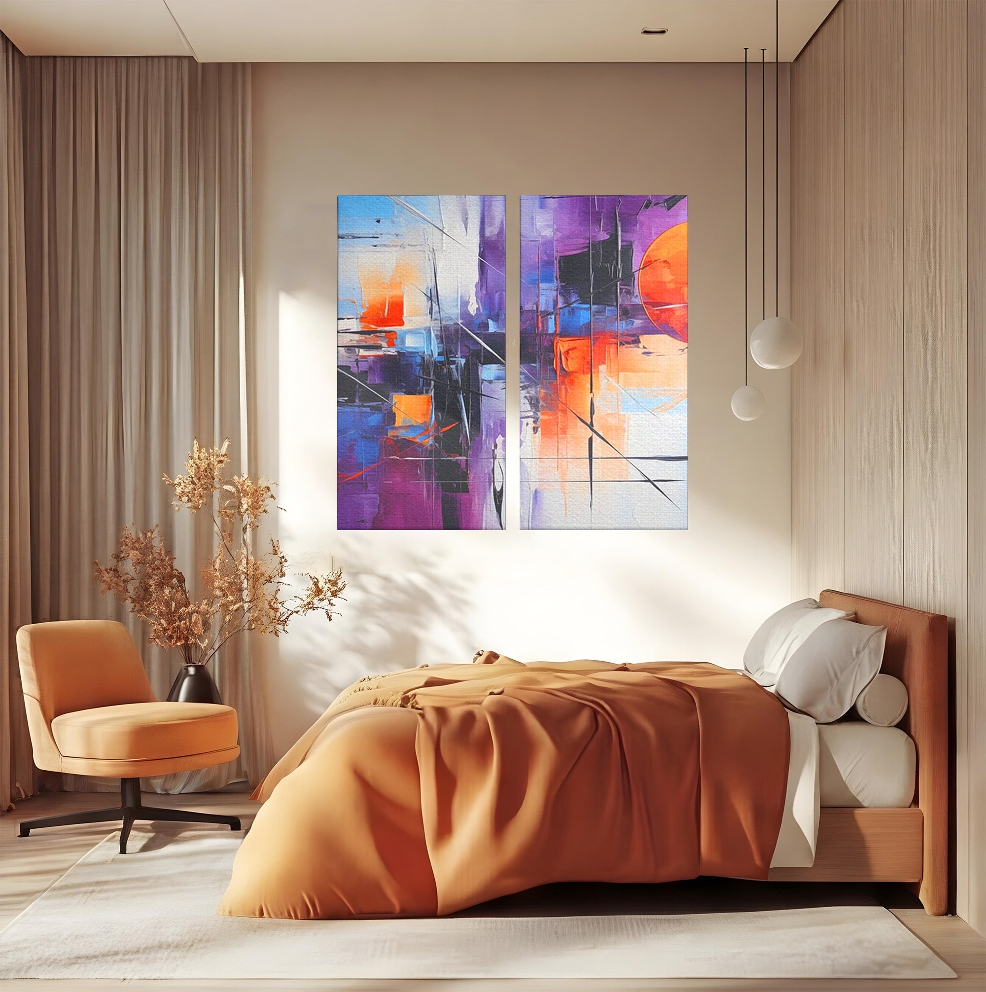 Set 2 Tablouri Canvas Premium LuxCanva® C2-1312, Rasarit Artificial, Culori, Abstract, Dinamism, Modern, Portocaliu, Violet, Albastru, Linii, Traseu, Haos, Futurist, Miscare, Birou, Living, Dormitor