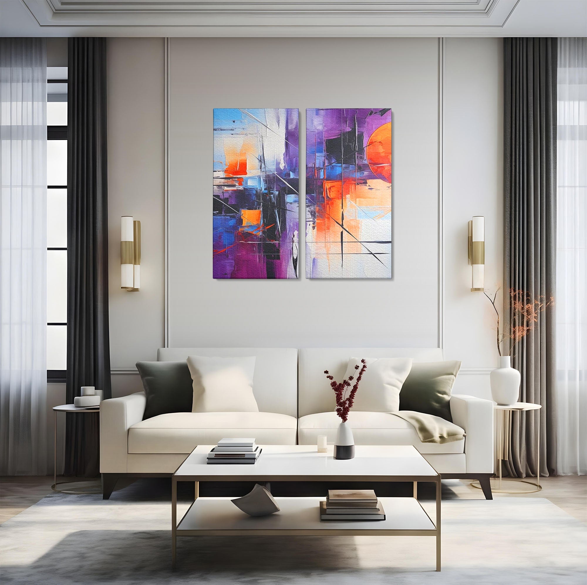 Set 2 Tablouri Canvas Premium LuxCanva® C2-1312, Rasarit Artificial, Culori, Abstract, Dinamism, Modern, Portocaliu, Violet, Albastru, Linii, Traseu, Haos, Futurist, Miscare, Birou, Living, Dormitor