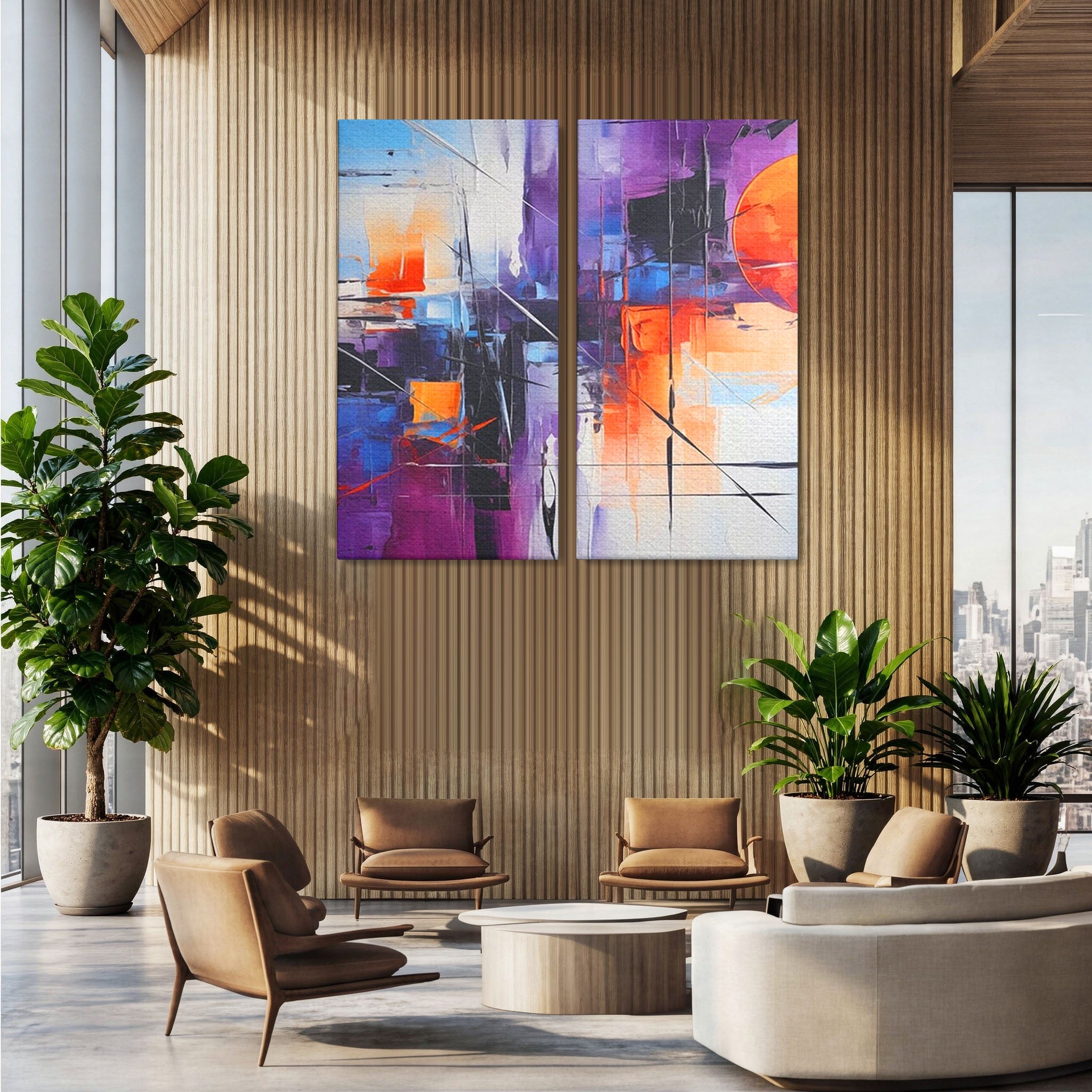 Set 2 Tablouri Canvas Premium LuxCanva® C2-1312, Rasarit Artificial, Culori, Abstract, Dinamism, Modern, Portocaliu, Violet, Albastru, Linii, Traseu, Haos, Futurist, Miscare, Birou, Living, Dormitor