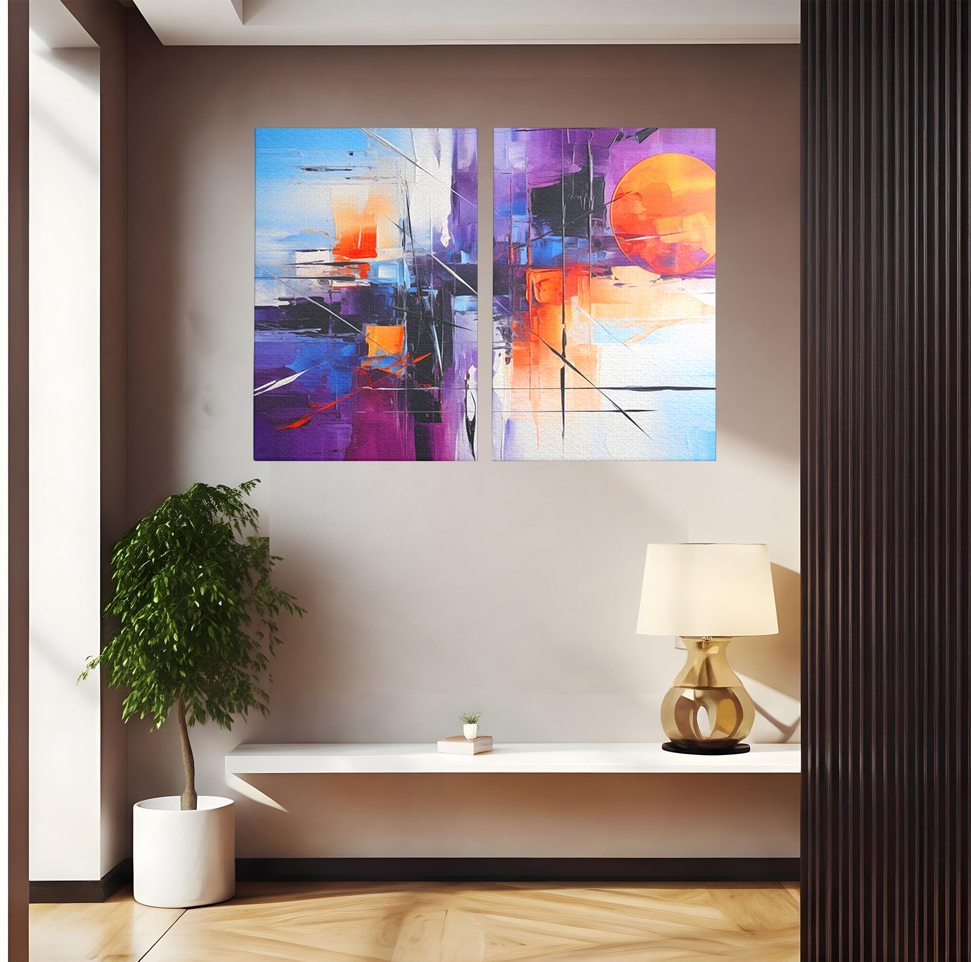 Set 2 Tablouri Canvas Premium LuxCanva® C2-1312, Rasarit Artificial, Culori, Abstract, Dinamism, Modern, Portocaliu, Violet, Albastru, Linii, Traseu, Haos, Futurist, Miscare, Birou, Living, Dormitor