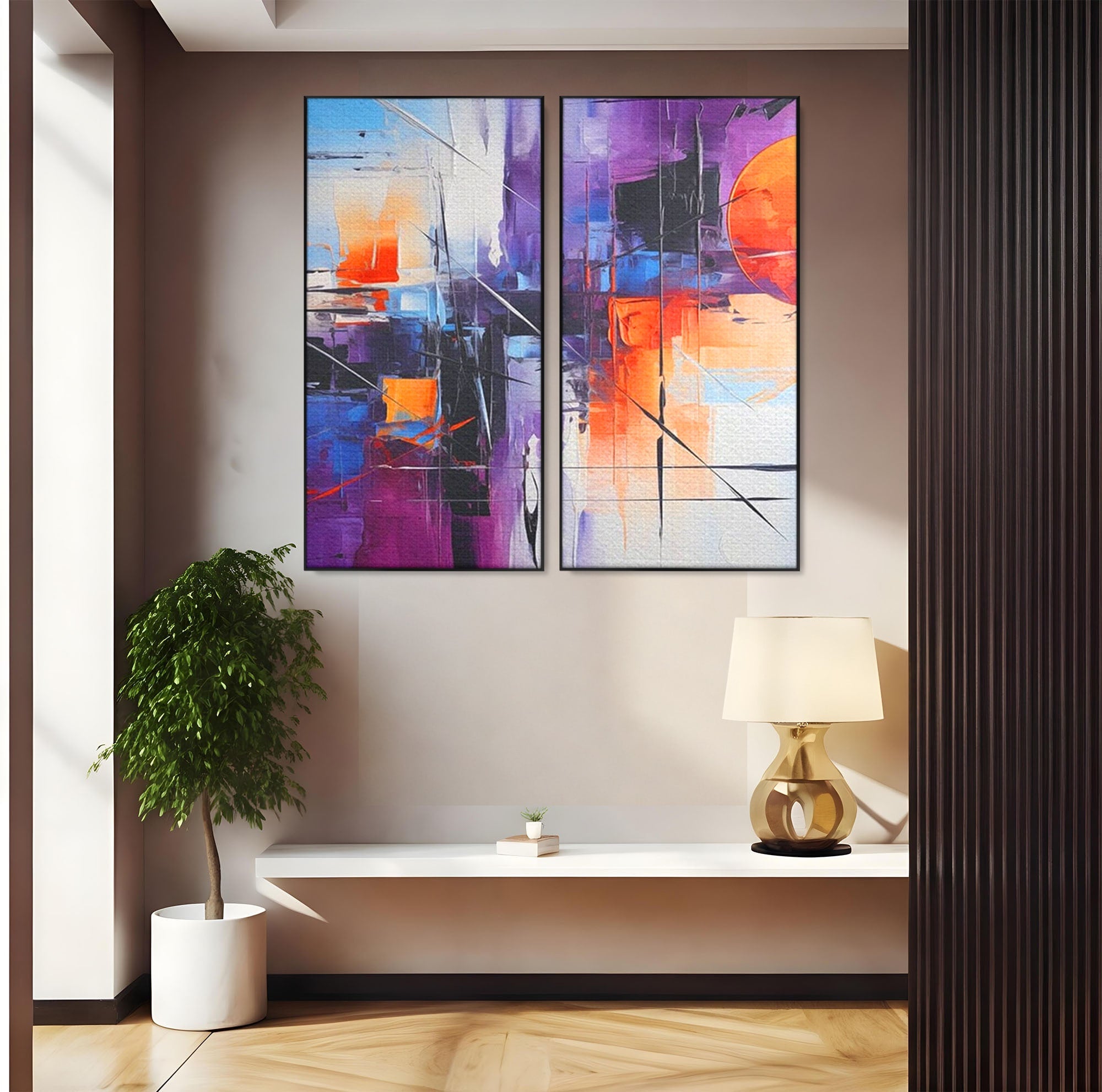 Set 2 Tablouri Canvas Premium LuxCanva® C2-1312, Rasarit Artificial, Culori, Abstract, Dinamism, Modern, Portocaliu, Violet, Albastru, Linii, Traseu, Haos, Futurist, Miscare, Birou, Living, Dormitor