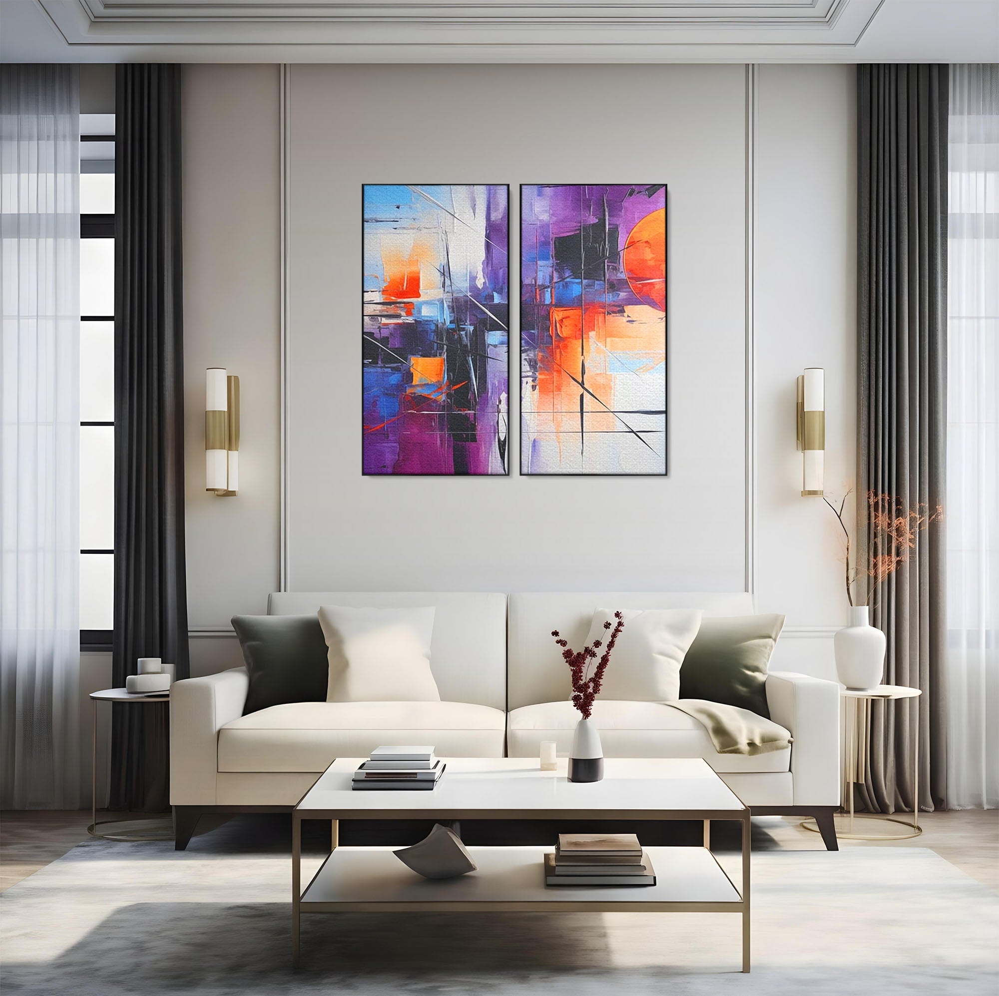Set 2 Tablouri Canvas Premium LuxCanva® C2-1312, Rasarit Artificial, Culori, Abstract, Dinamism, Modern, Portocaliu, Violet, Albastru, Linii, Traseu, Haos, Futurist, Miscare, Birou, Living, Dormitor