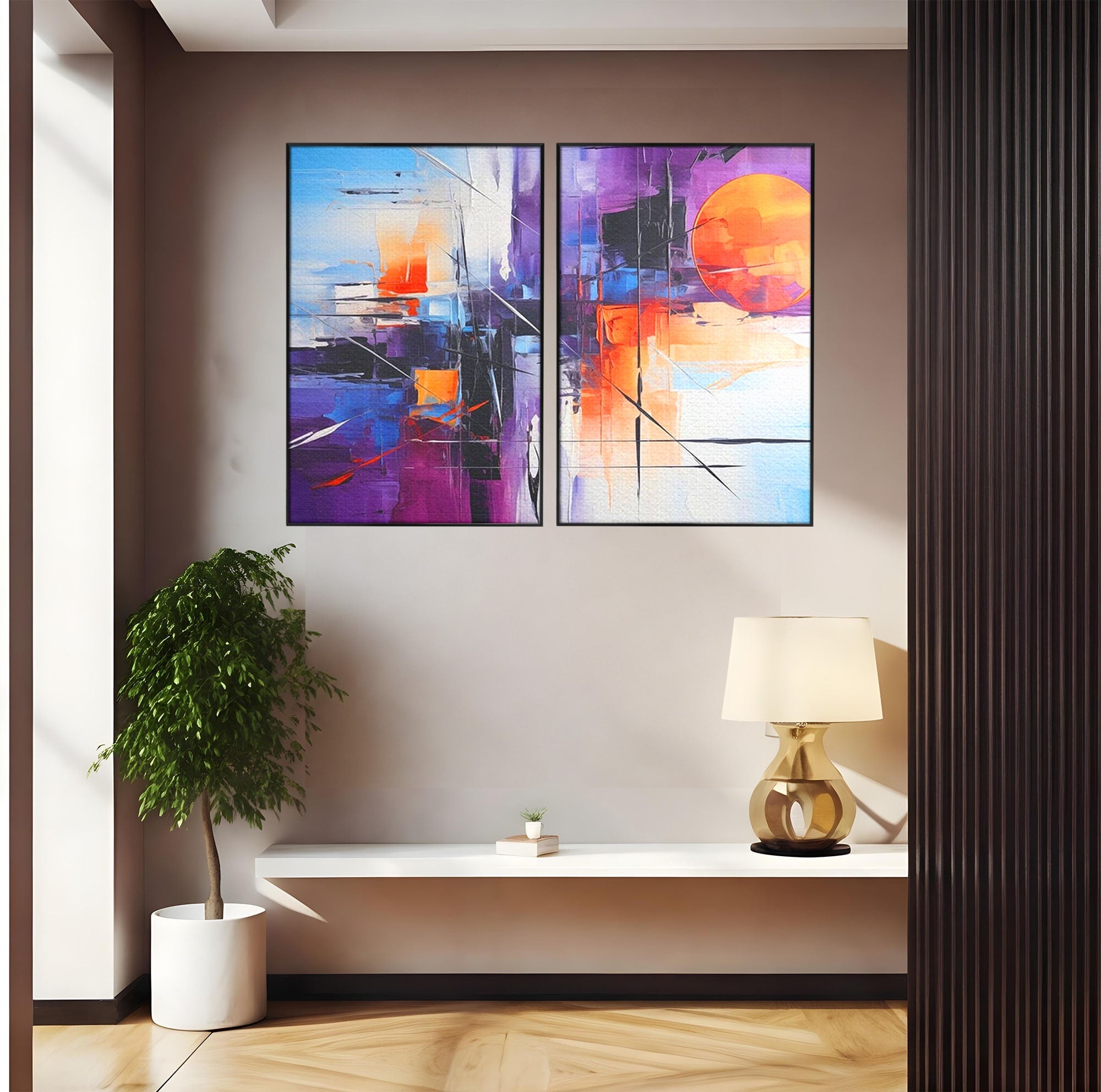 Set 2 Tablouri Canvas Premium LuxCanva® C2-1312, Rasarit Artificial, Culori, Abstract, Dinamism, Modern, Portocaliu, Violet, Albastru, Linii, Traseu, Haos, Futurist, Miscare, Birou, Living, Dormitor