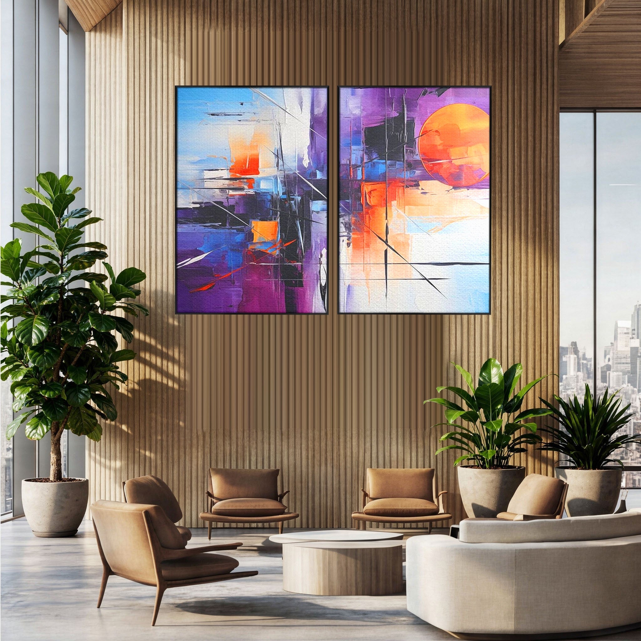 Set 2 Tablouri Canvas Premium LuxCanva® C2-1312, Rasarit Artificial, Culori, Abstract, Dinamism, Modern, Portocaliu, Violet, Albastru, Linii, Traseu, Haos, Futurist, Miscare, Birou, Living, Dormitor