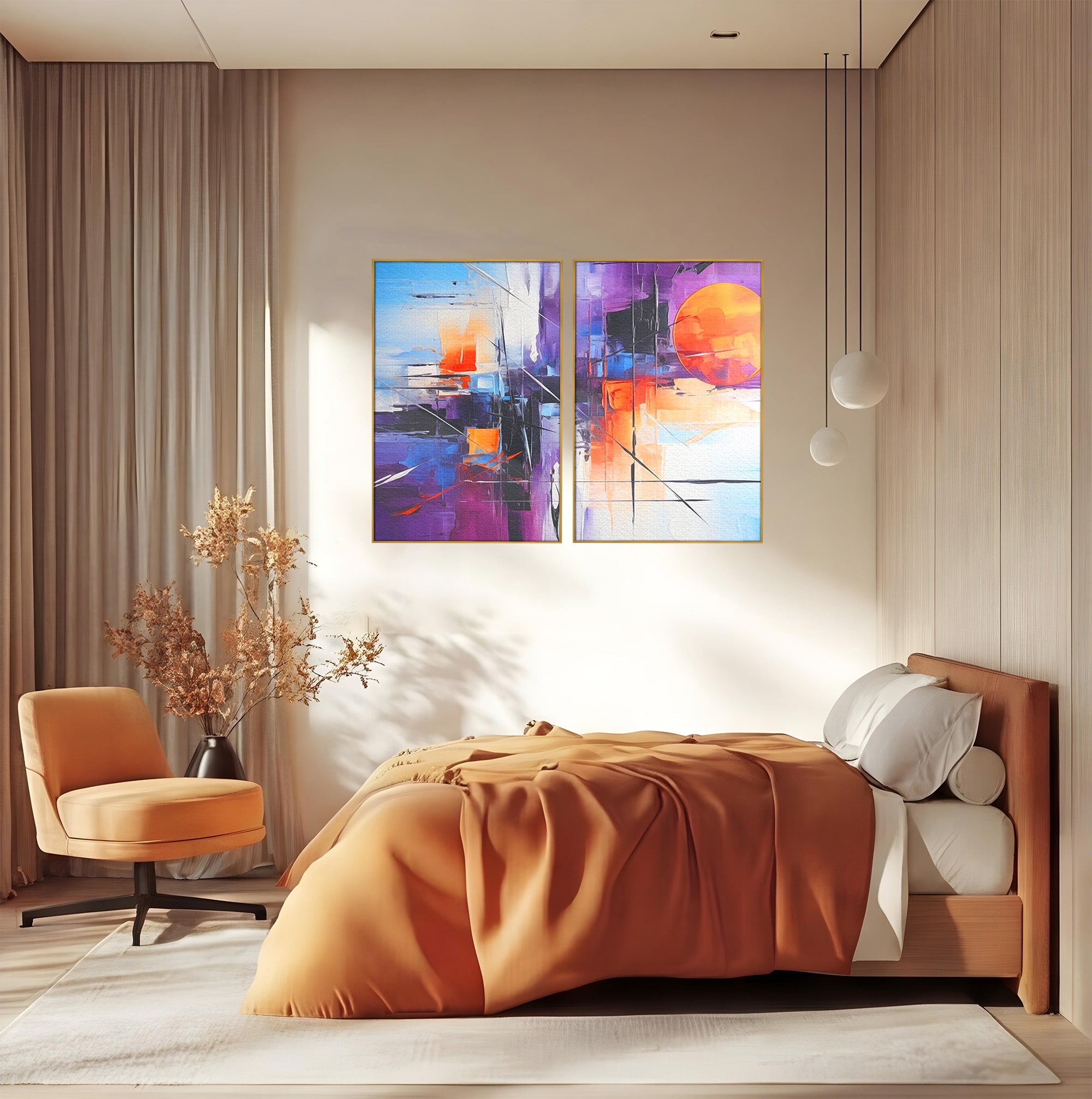Set 2 Tablouri Canvas Premium LuxCanva® C2-1312, Rasarit Artificial, Culori, Abstract, Dinamism, Modern, Portocaliu, Violet, Albastru, Linii, Traseu, Haos, Futurist, Miscare, Birou, Living, Dormitor