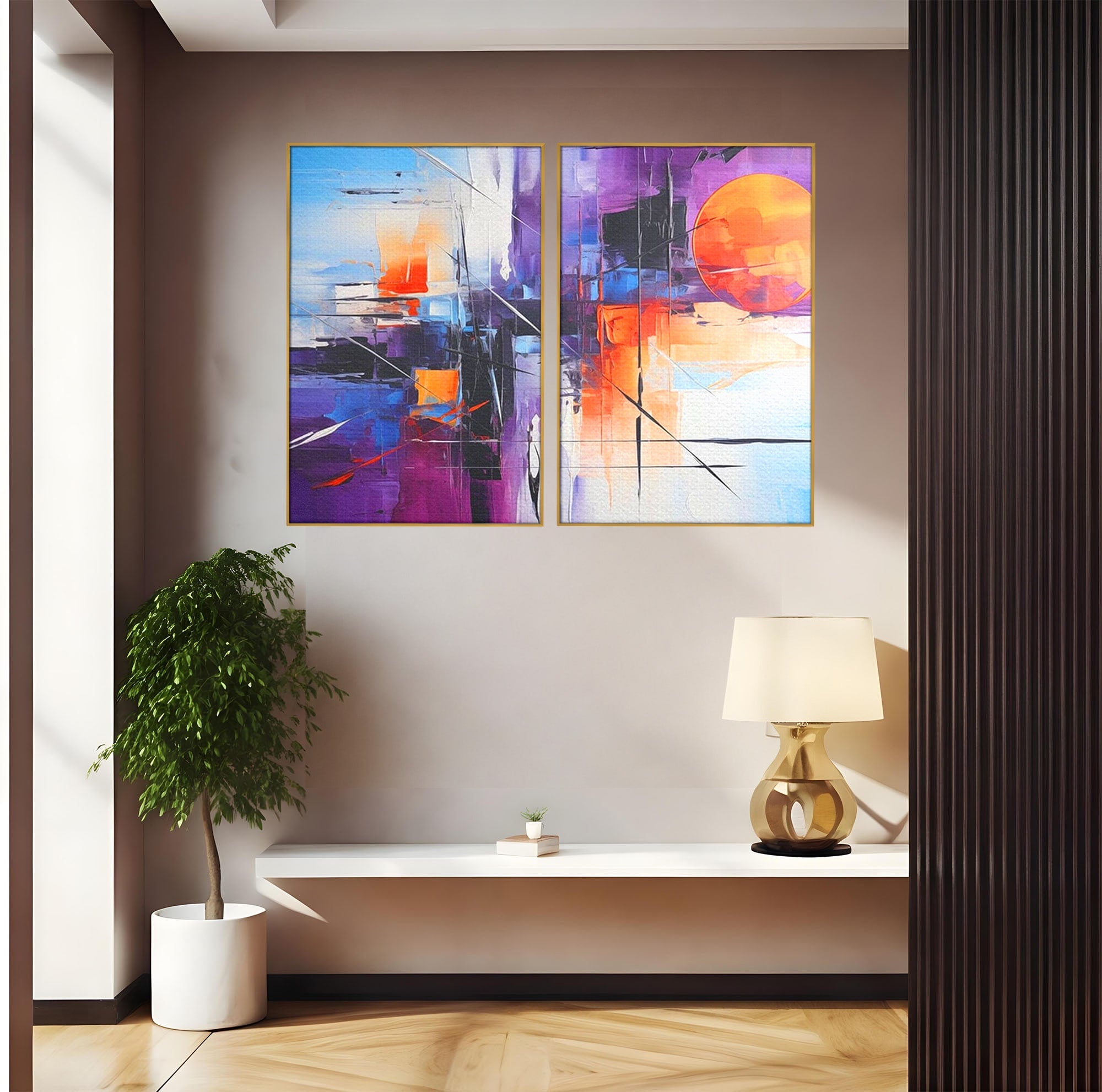 Set 2 Tablouri Canvas Premium LuxCanva® C2-1312, Rasarit Artificial, Culori, Abstract, Dinamism, Modern, Portocaliu, Violet, Albastru, Linii, Traseu, Haos, Futurist, Miscare, Birou, Living, Dormitor