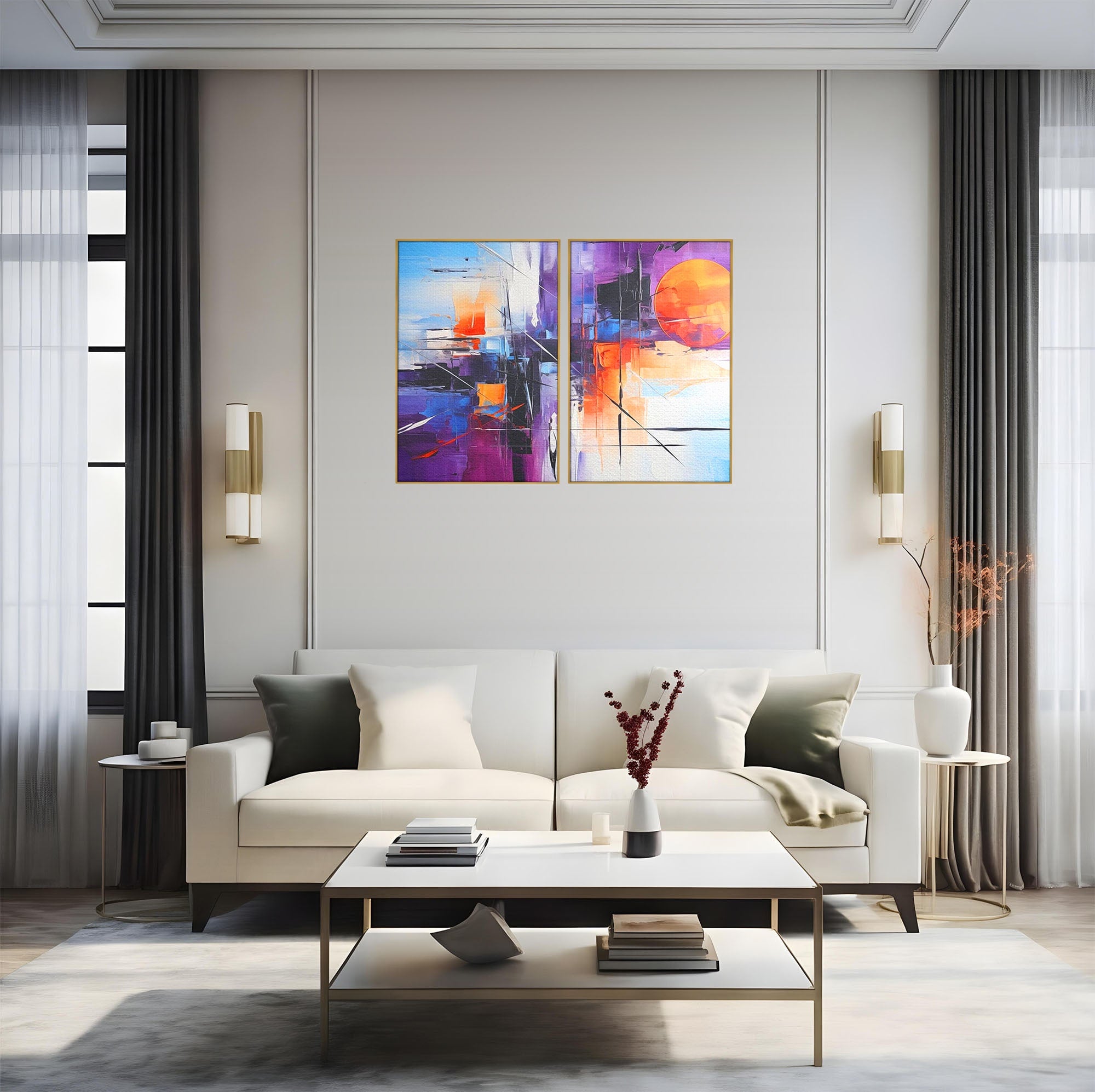 Set 2 Tablouri Canvas Premium LuxCanva® C2-1312, Rasarit Artificial, Culori, Abstract, Dinamism, Modern, Portocaliu, Violet, Albastru, Linii, Traseu, Haos, Futurist, Miscare, Birou, Living, Dormitor