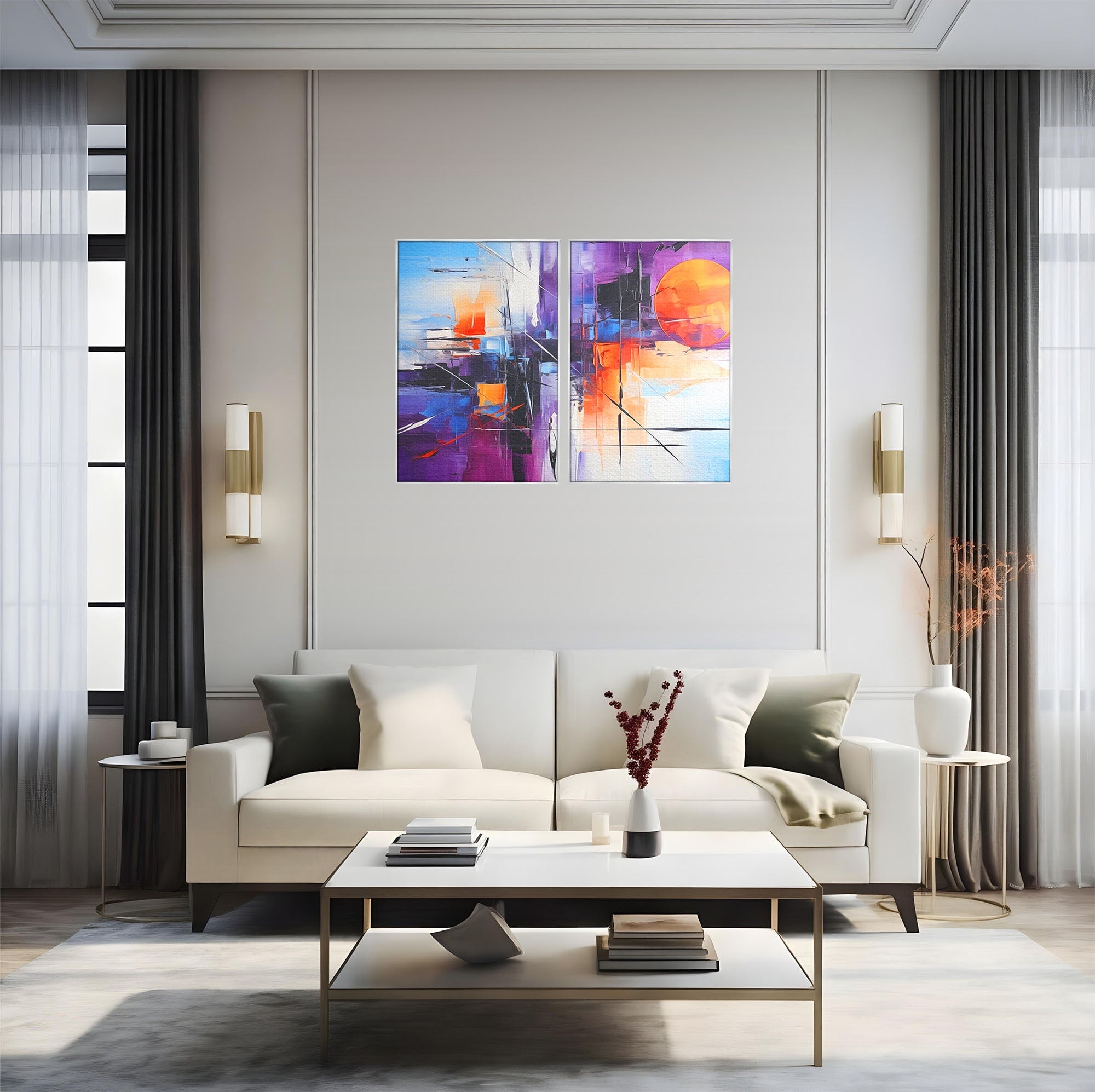 Set 2 Tablouri Canvas Premium LuxCanva® C2-1312, Rasarit Artificial, Culori, Abstract, Dinamism, Modern, Portocaliu, Violet, Albastru, Linii, Traseu, Haos, Futurist, Miscare, Birou, Living, Dormitor