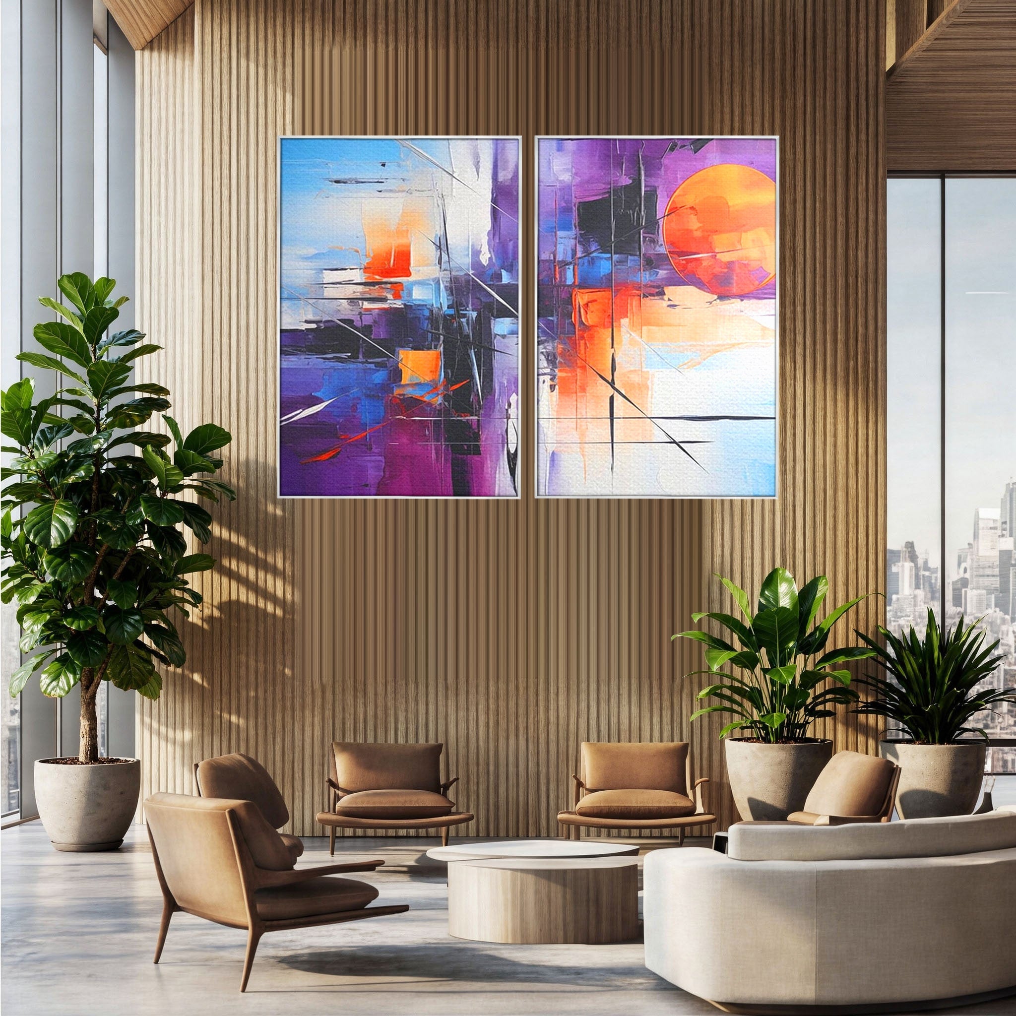 Set 2 Tablouri Canvas Premium LuxCanva® C2-1312, Rasarit Artificial, Culori, Abstract, Dinamism, Modern, Portocaliu, Violet, Albastru, Linii, Traseu, Haos, Futurist, Miscare, Birou, Living, Dormitor