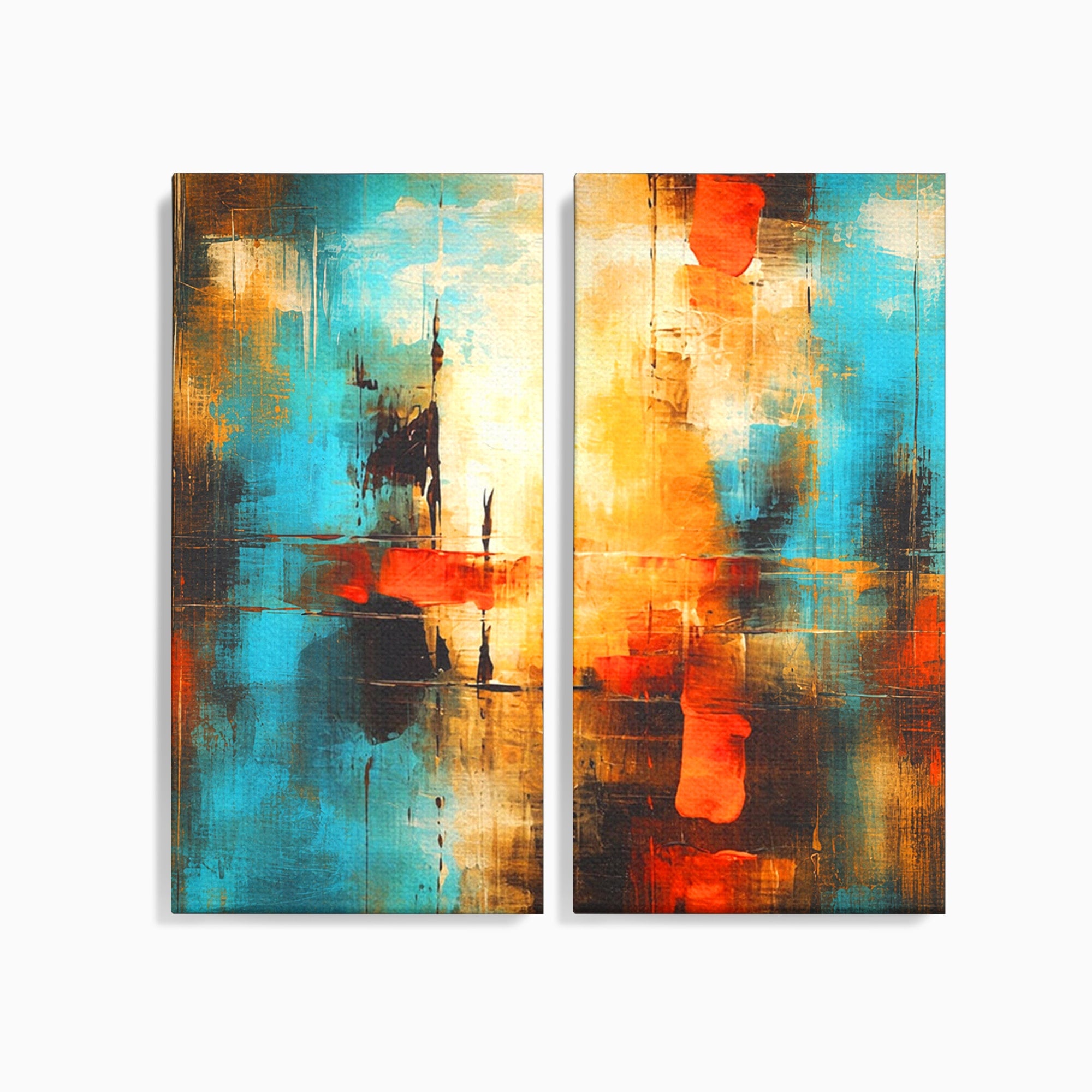 Set 2 Tablouri Canvas Premium LuxCanva® C2-1315, Ardere Lenta, Culori, Abstract, Dinamism, Modern, Portocaliu, Rosu, Albastru, Mare, Vapoare, Fereastra, Cer, Arhitectural, Ziduri, Birou, Living, Dormitor