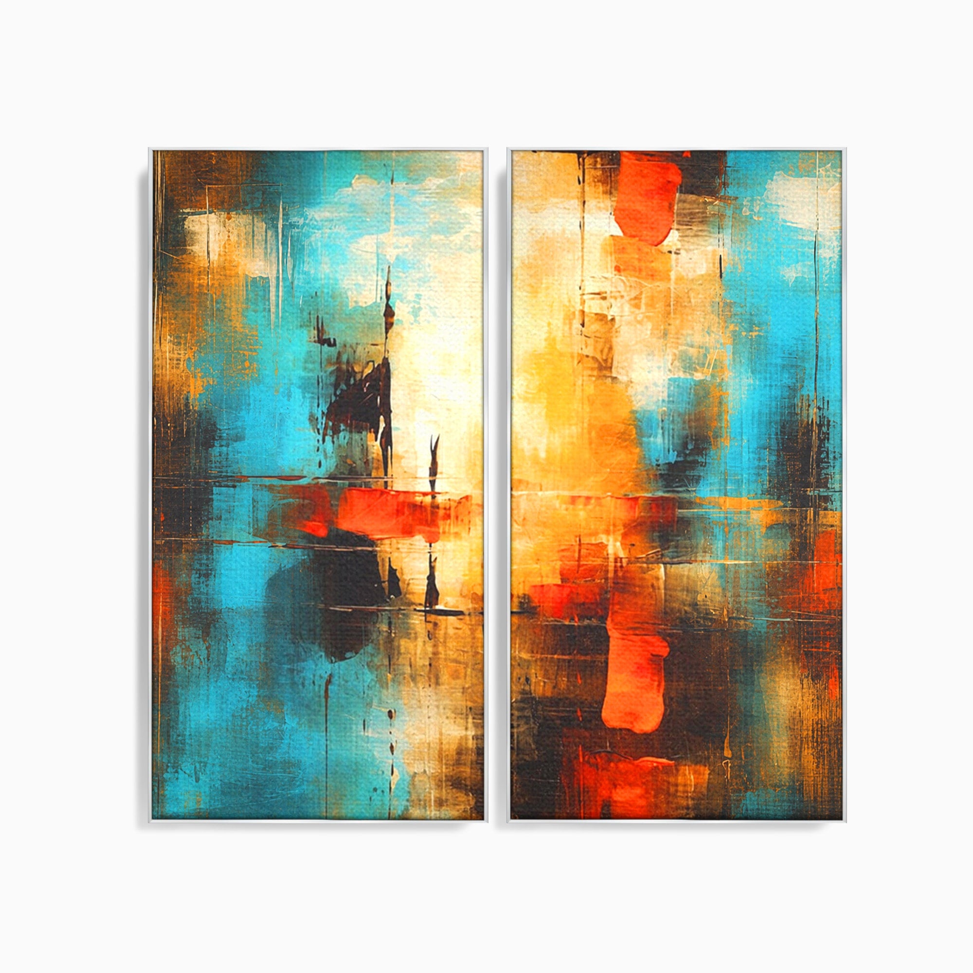 Set 2 Tablouri Canvas Premium LuxCanva® C2-1315, Ardere Lenta, Culori, Abstract, Dinamism, Modern, Portocaliu, Rosu, Albastru, Mare, Vapoare, Fereastra, Cer, Arhitectural, Ziduri, Birou, Living, Dormitor