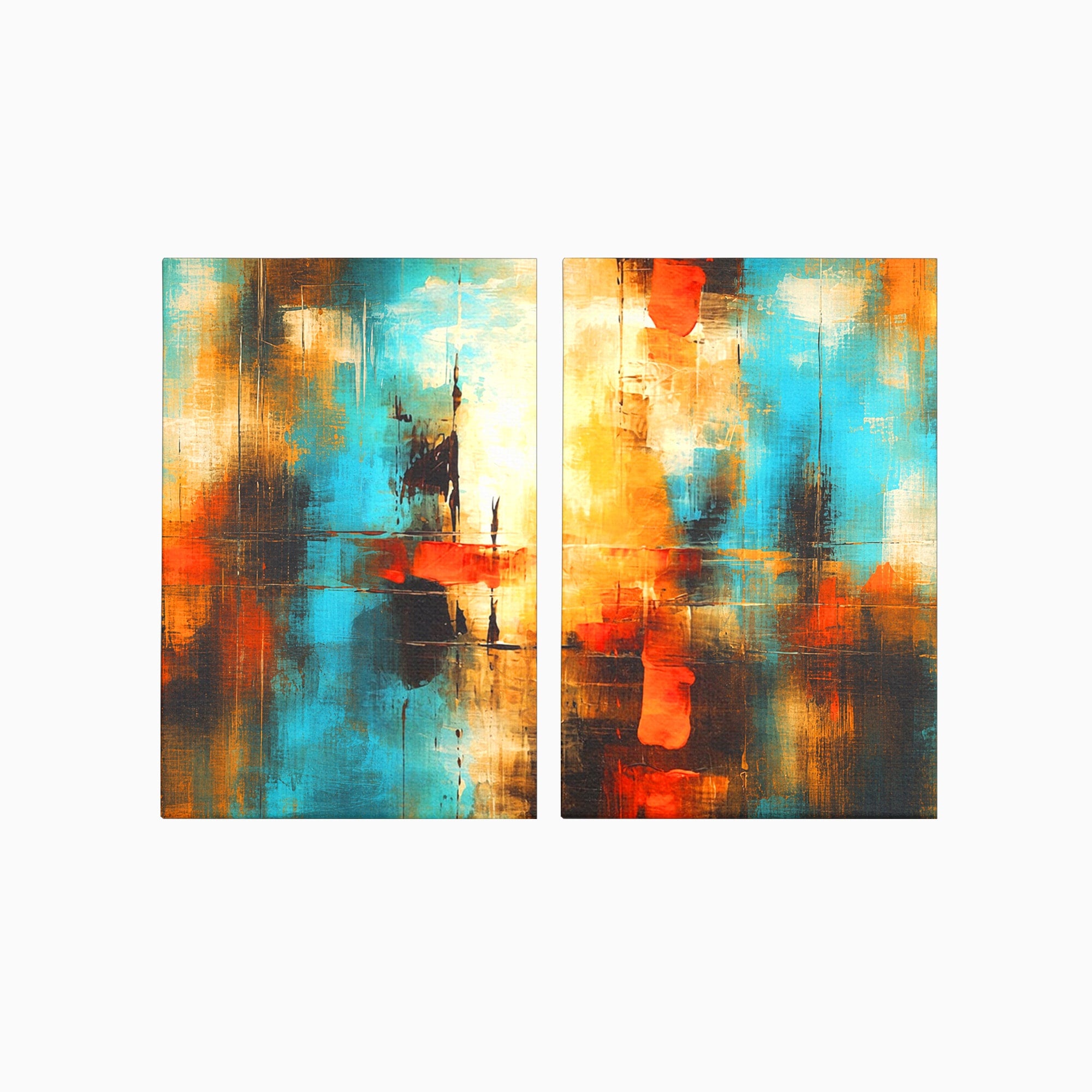 Set 2 Tablouri Canvas Premium LuxCanva® C2-1315, Ardere Lenta, Culori, Abstract, Dinamism, Modern, Portocaliu, Rosu, Albastru, Mare, Vapoare, Fereastra, Cer, Arhitectural, Ziduri, Birou, Living, Dormitor