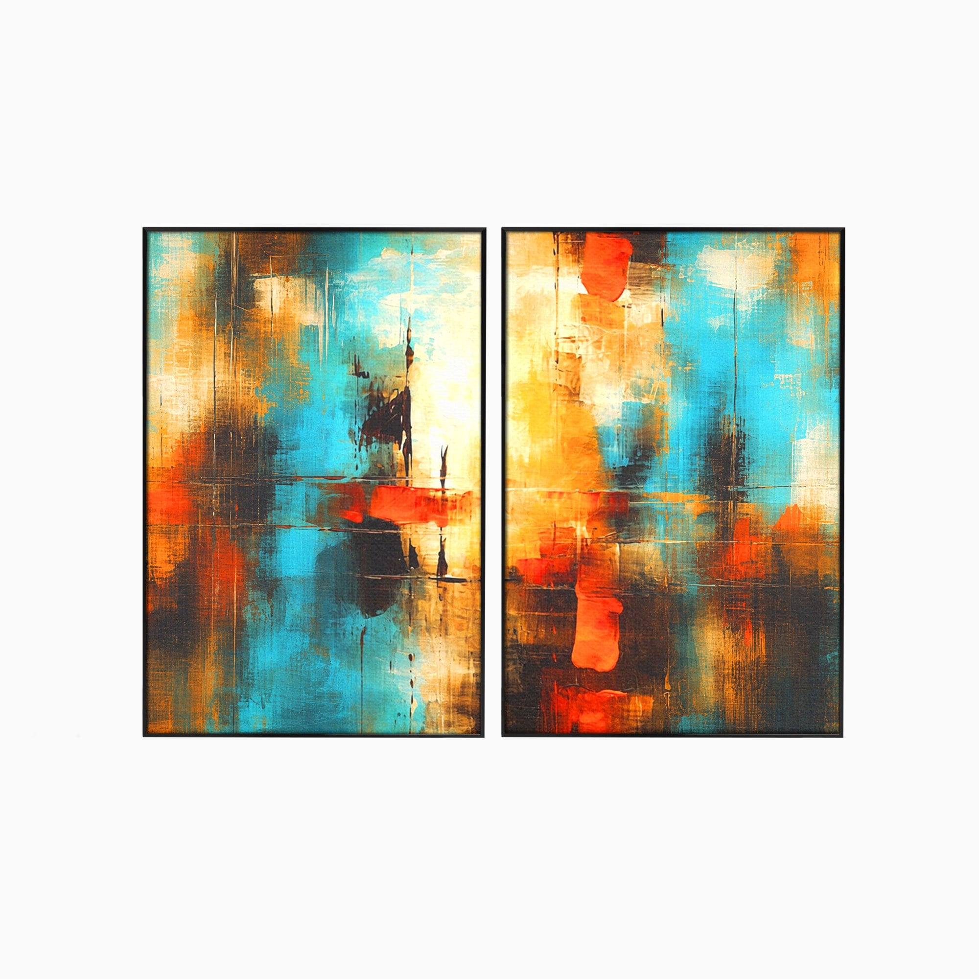 Set 2 Tablouri Canvas Premium LuxCanva® C2-1315, Ardere Lenta, Culori, Abstract, Dinamism, Modern, Portocaliu, Rosu, Albastru, Mare, Vapoare, Fereastra, Cer, Arhitectural, Ziduri, Birou, Living, Dormitor