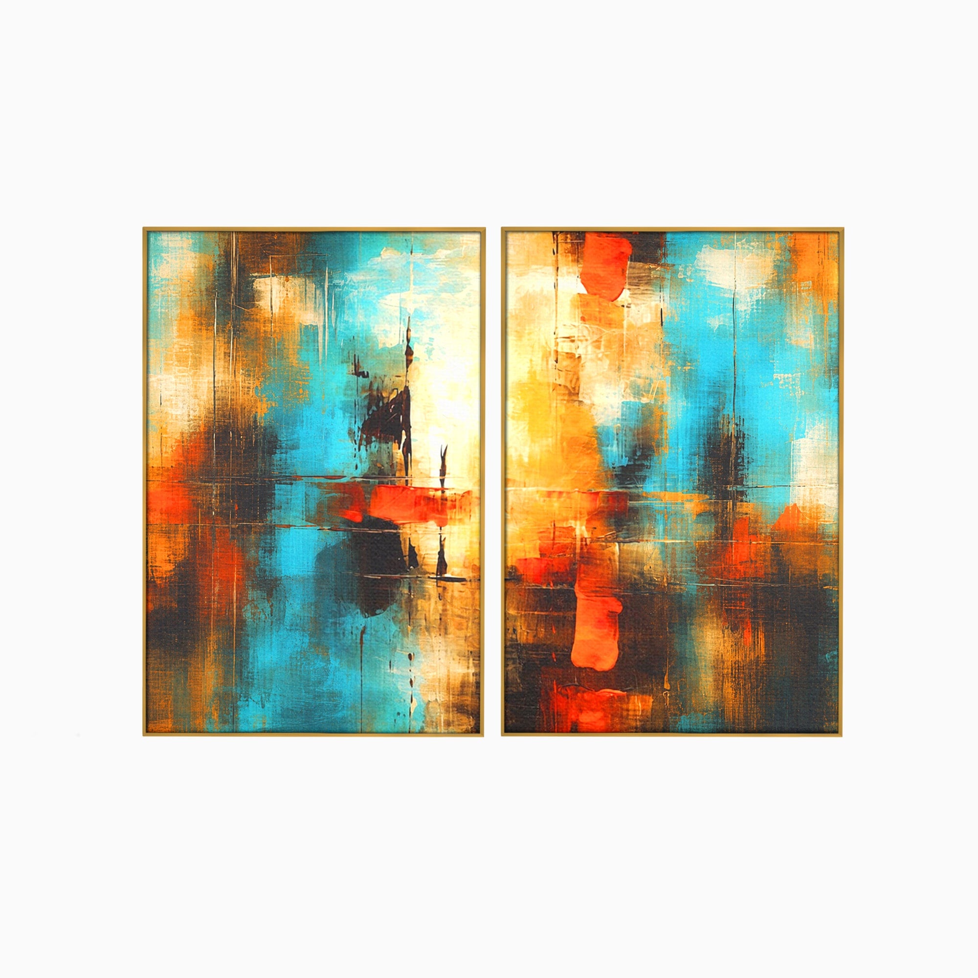 Set 2 Tablouri Canvas Premium LuxCanva® C2-1315, Ardere Lenta, Culori, Abstract, Dinamism, Modern, Portocaliu, Rosu, Albastru, Mare, Vapoare, Fereastra, Cer, Arhitectural, Ziduri, Birou, Living, Dormitor