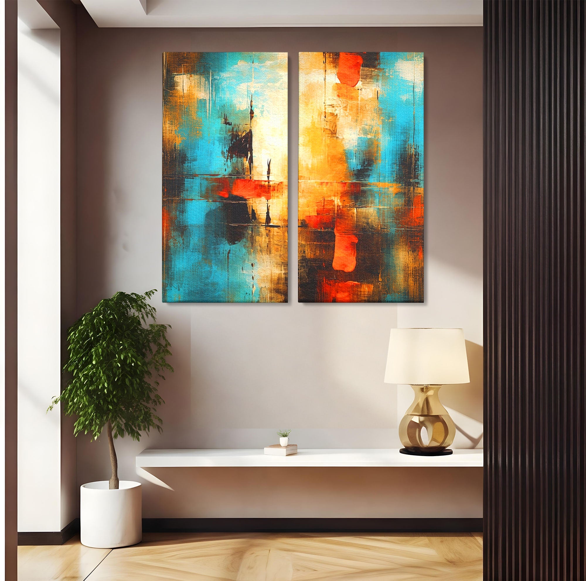 Set 2 Tablouri Canvas Premium LuxCanva® C2-1315, Ardere Lenta, Culori, Abstract, Dinamism, Modern, Portocaliu, Rosu, Albastru, Mare, Vapoare, Fereastra, Cer, Arhitectural, Ziduri, Birou, Living, Dormitor