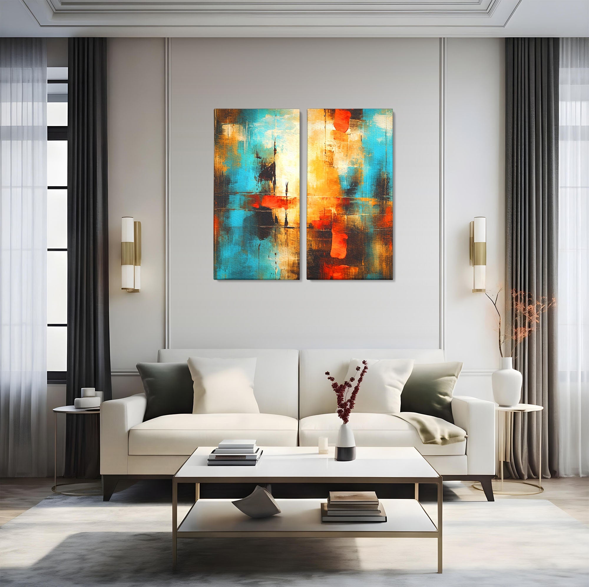 Set 2 Tablouri Canvas Premium LuxCanva® C2-1315, Ardere Lenta, Culori, Abstract, Dinamism, Modern, Portocaliu, Rosu, Albastru, Mare, Vapoare, Fereastra, Cer, Arhitectural, Ziduri, Birou, Living, Dormitor