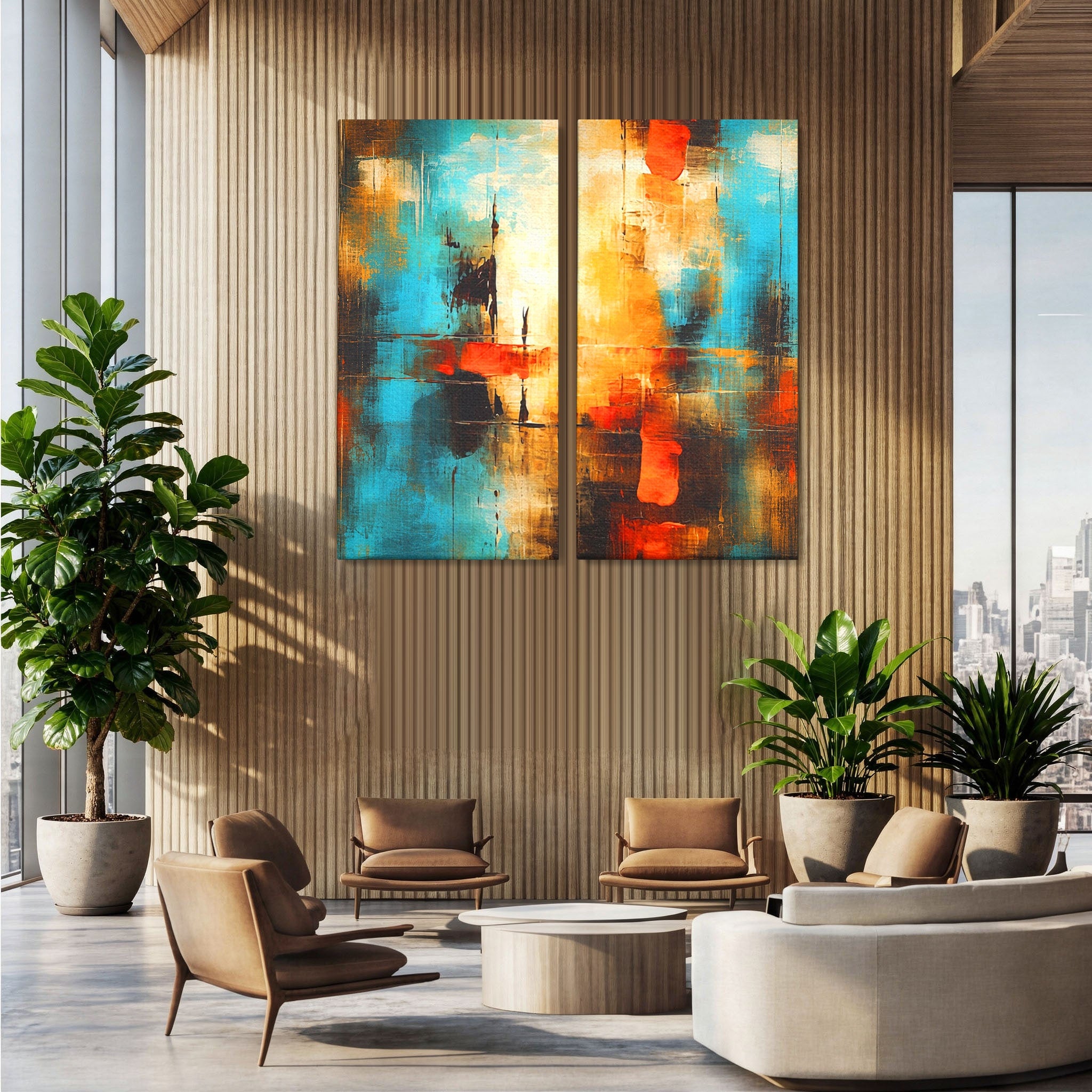 Set 2 Tablouri Canvas Premium LuxCanva® C2-1315, Ardere Lenta, Culori, Abstract, Dinamism, Modern, Portocaliu, Rosu, Albastru, Mare, Vapoare, Fereastra, Cer, Arhitectural, Ziduri, Birou, Living, Dormitor