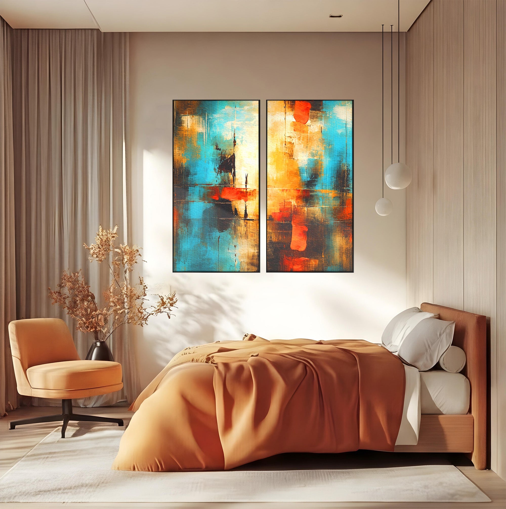 Set 2 Tablouri Canvas Premium LuxCanva® C2-1315, Ardere Lenta, Culori, Abstract, Dinamism, Modern, Portocaliu, Rosu, Albastru, Mare, Vapoare, Fereastra, Cer, Arhitectural, Ziduri, Birou, Living, Dormitor
