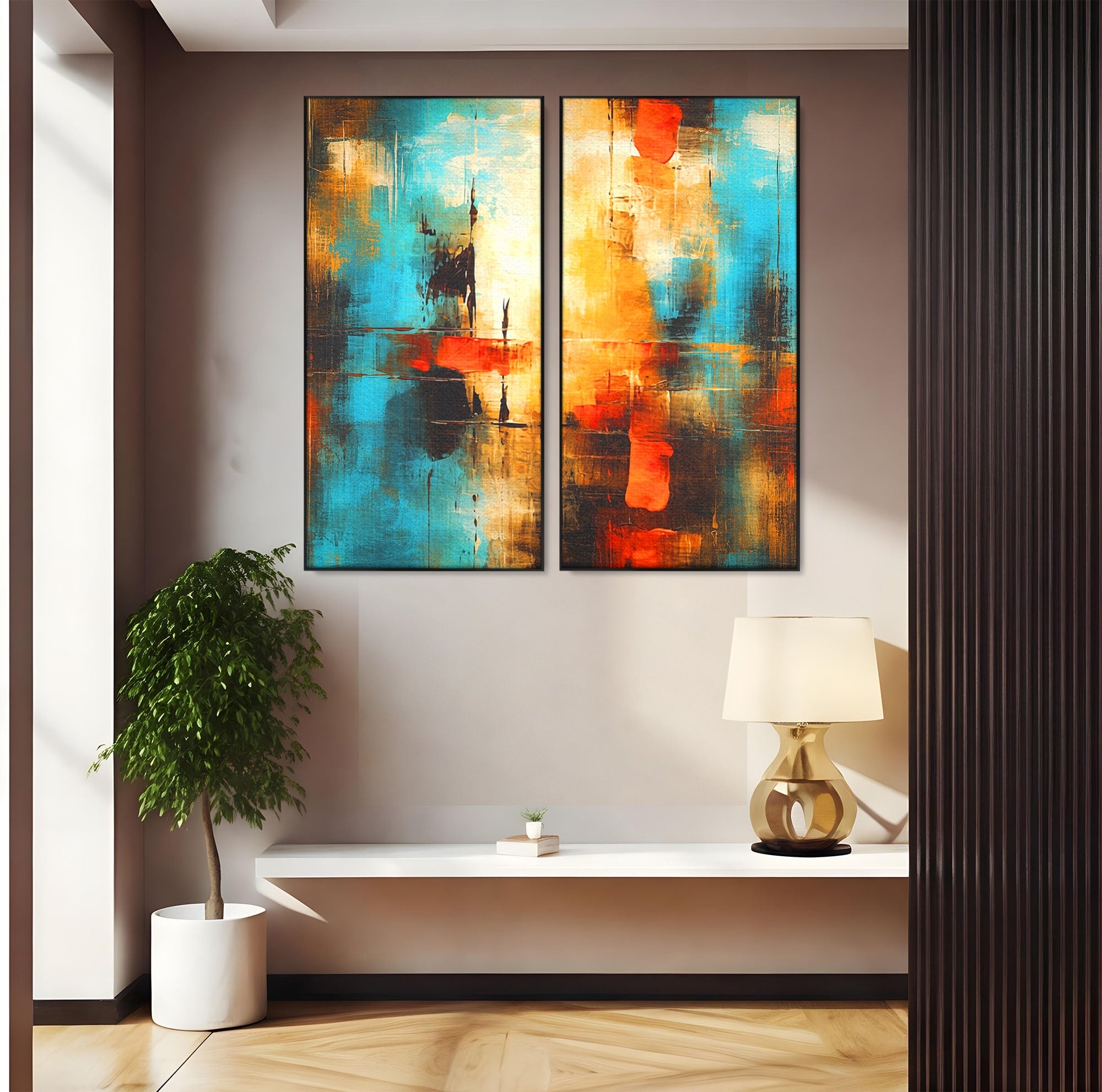 Set 2 Tablouri Canvas Premium LuxCanva® C2-1315, Ardere Lenta, Culori, Abstract, Dinamism, Modern, Portocaliu, Rosu, Albastru, Mare, Vapoare, Fereastra, Cer, Arhitectural, Ziduri, Birou, Living, Dormitor
