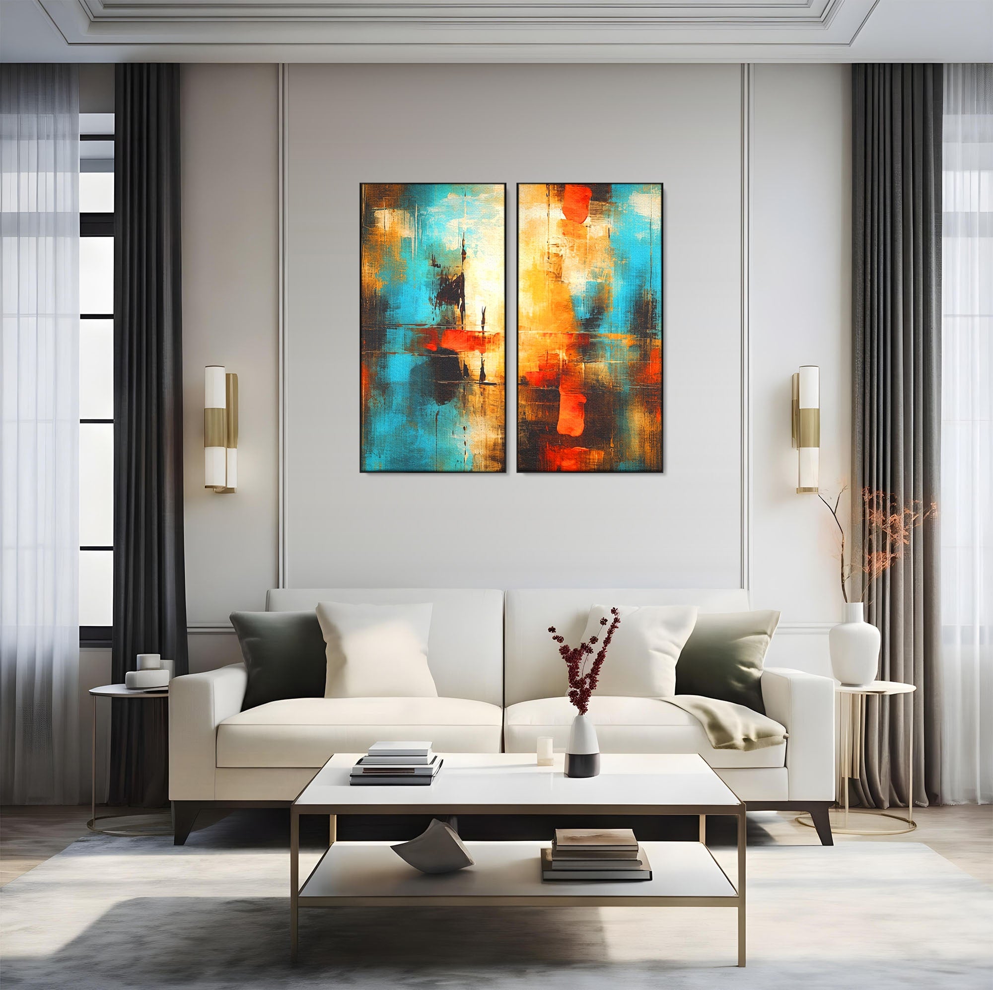 Set 2 Tablouri Canvas Premium LuxCanva® C2-1315, Ardere Lenta, Culori, Abstract, Dinamism, Modern, Portocaliu, Rosu, Albastru, Mare, Vapoare, Fereastra, Cer, Arhitectural, Ziduri, Birou, Living, Dormitor