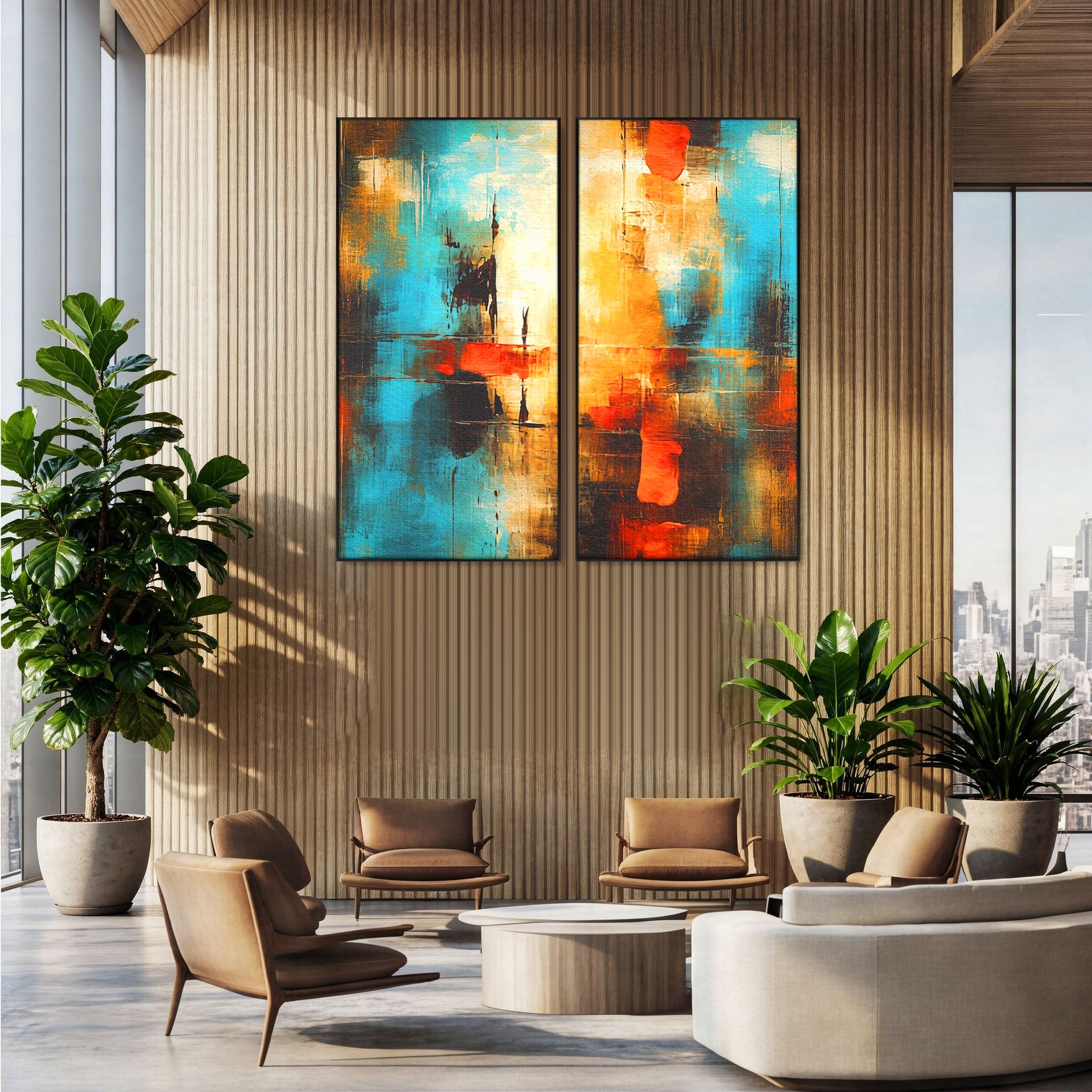 Set 2 Tablouri Canvas Premium LuxCanva® C2-1315, Ardere Lenta, Culori, Abstract, Dinamism, Modern, Portocaliu, Rosu, Albastru, Mare, Vapoare, Fereastra, Cer, Arhitectural, Ziduri, Birou, Living, Dormitor