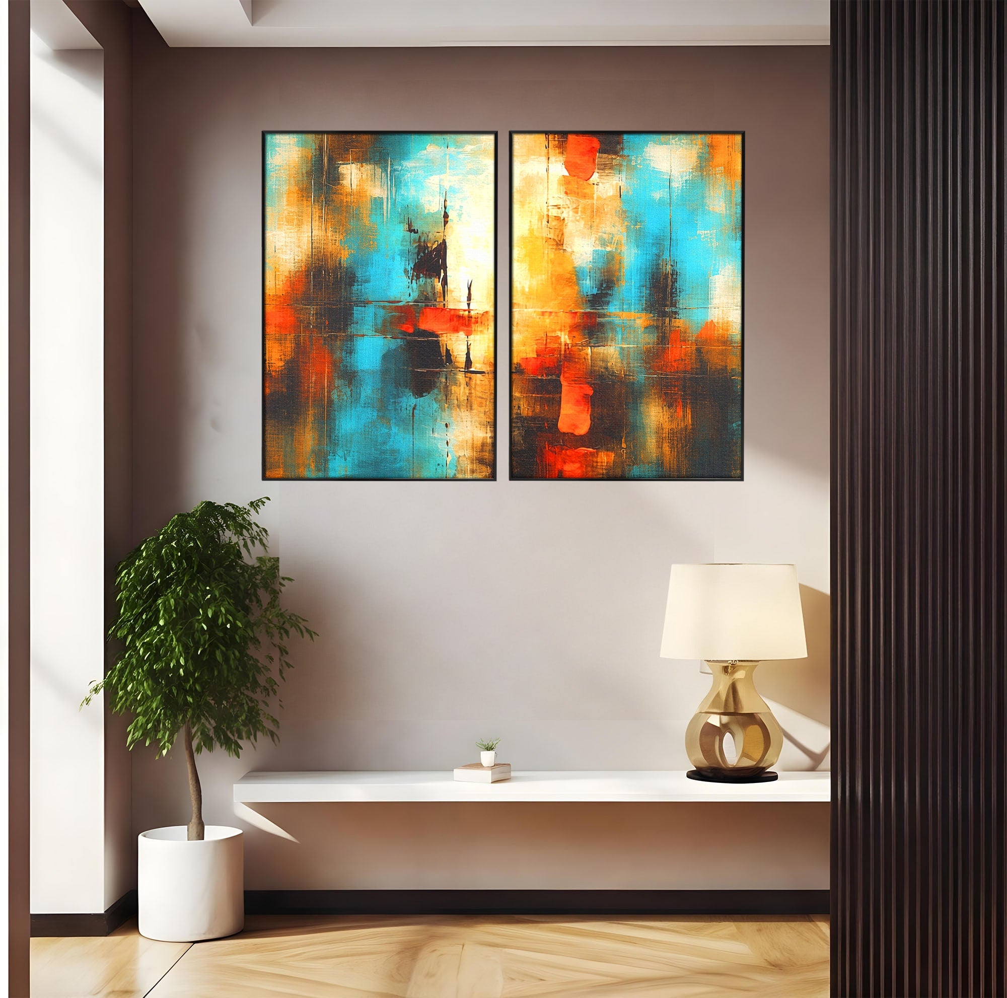 Set 2 Tablouri Canvas Premium LuxCanva® C2-1315, Ardere Lenta, Culori, Abstract, Dinamism, Modern, Portocaliu, Rosu, Albastru, Mare, Vapoare, Fereastra, Cer, Arhitectural, Ziduri, Birou, Living, Dormitor