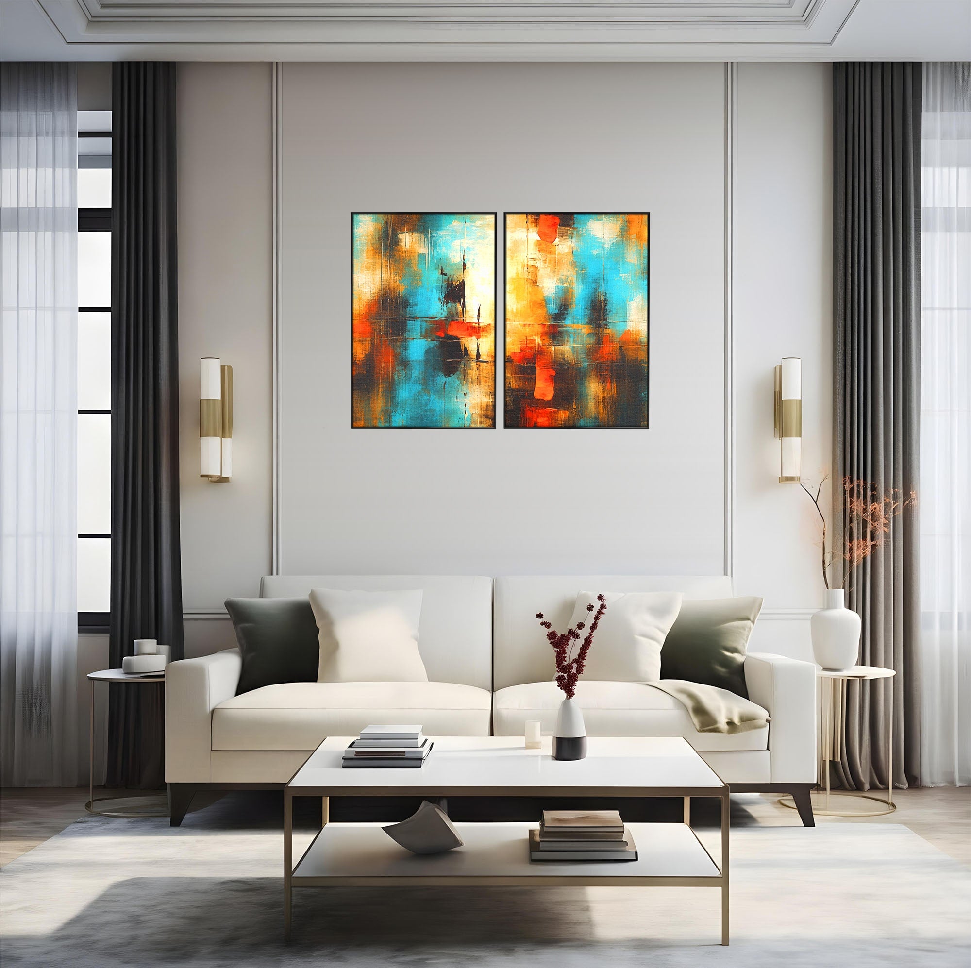 Set 2 Tablouri Canvas Premium LuxCanva® C2-1315, Ardere Lenta, Culori, Abstract, Dinamism, Modern, Portocaliu, Rosu, Albastru, Mare, Vapoare, Fereastra, Cer, Arhitectural, Ziduri, Birou, Living, Dormitor