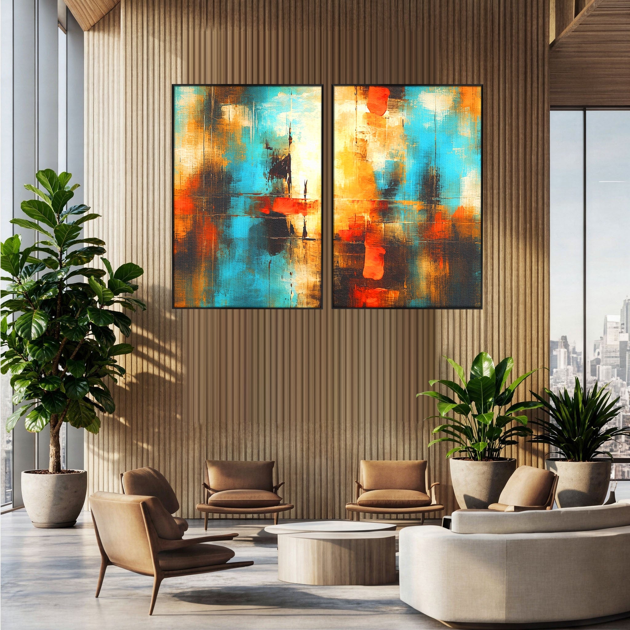 Set 2 Tablouri Canvas Premium LuxCanva® C2-1315, Ardere Lenta, Culori, Abstract, Dinamism, Modern, Portocaliu, Rosu, Albastru, Mare, Vapoare, Fereastra, Cer, Arhitectural, Ziduri, Birou, Living, Dormitor