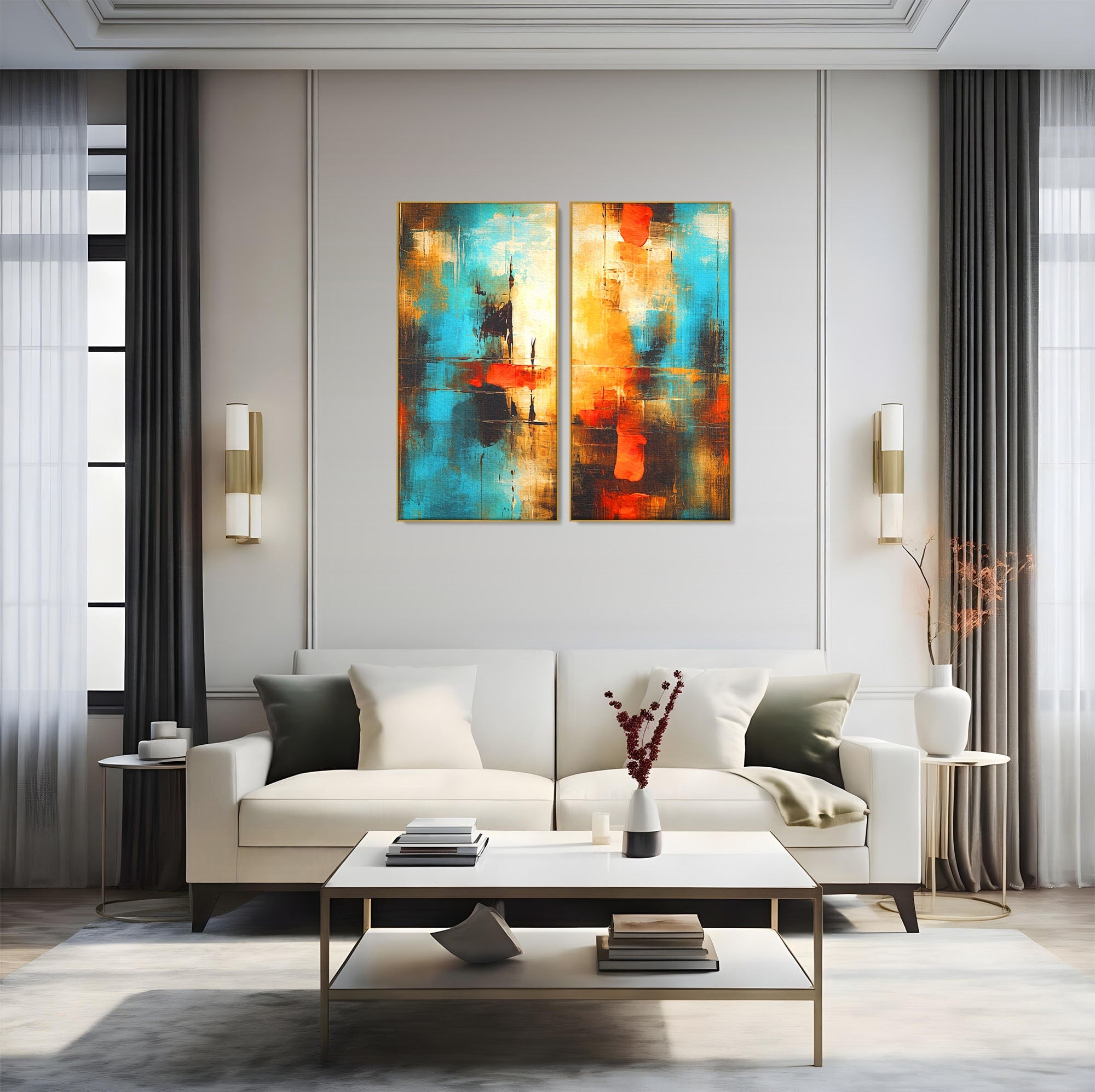 Set 2 Tablouri Canvas Premium LuxCanva® C2-1315, Ardere Lenta, Culori, Abstract, Dinamism, Modern, Portocaliu, Rosu, Albastru, Mare, Vapoare, Fereastra, Cer, Arhitectural, Ziduri, Birou, Living, Dormitor